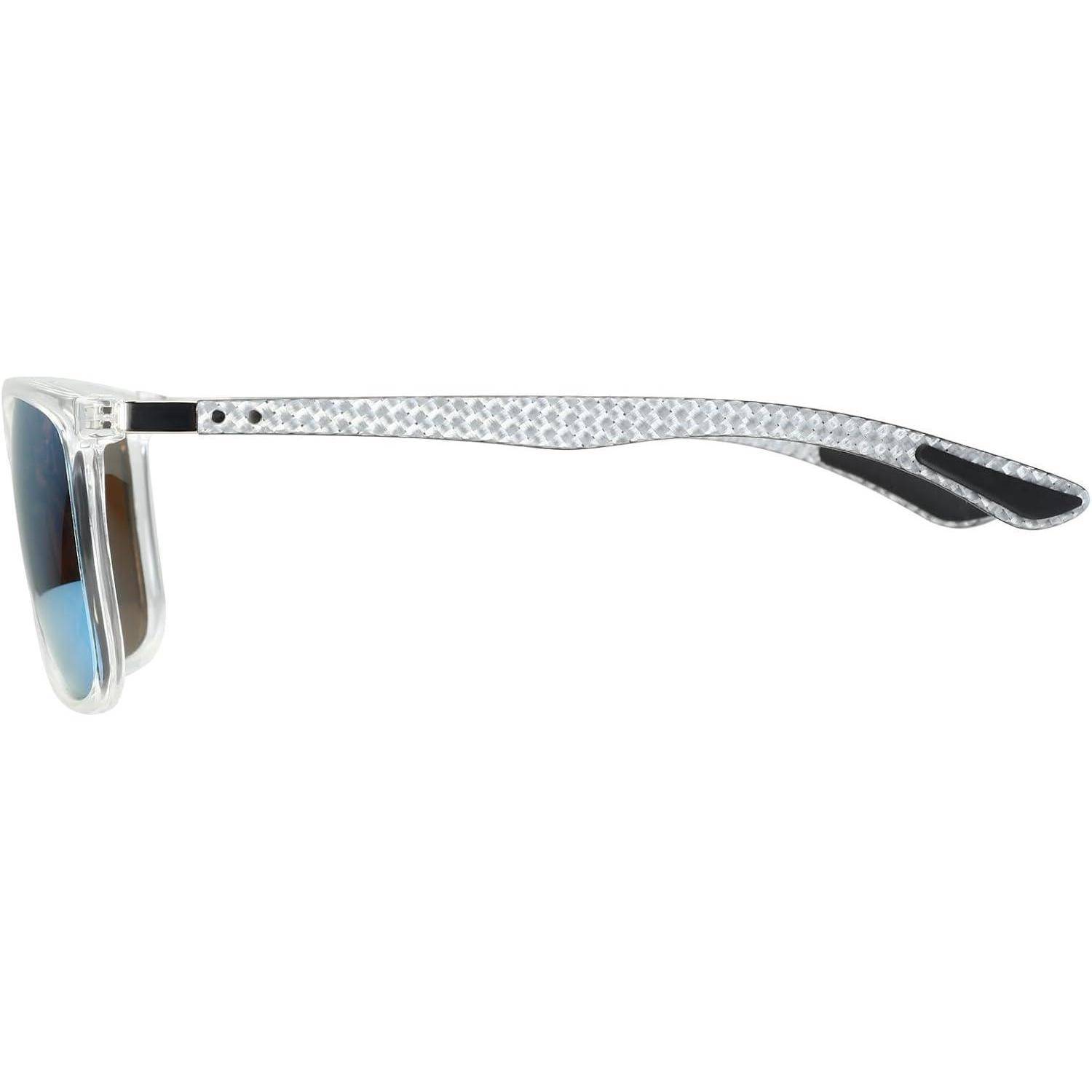 Seitenansicht einer schlanken, modernen Sonnenbrille mit transparenten Rahmen und verspiegelten Gläsern, die ein minimalistisches, kantenbetontes Design hervorheben.