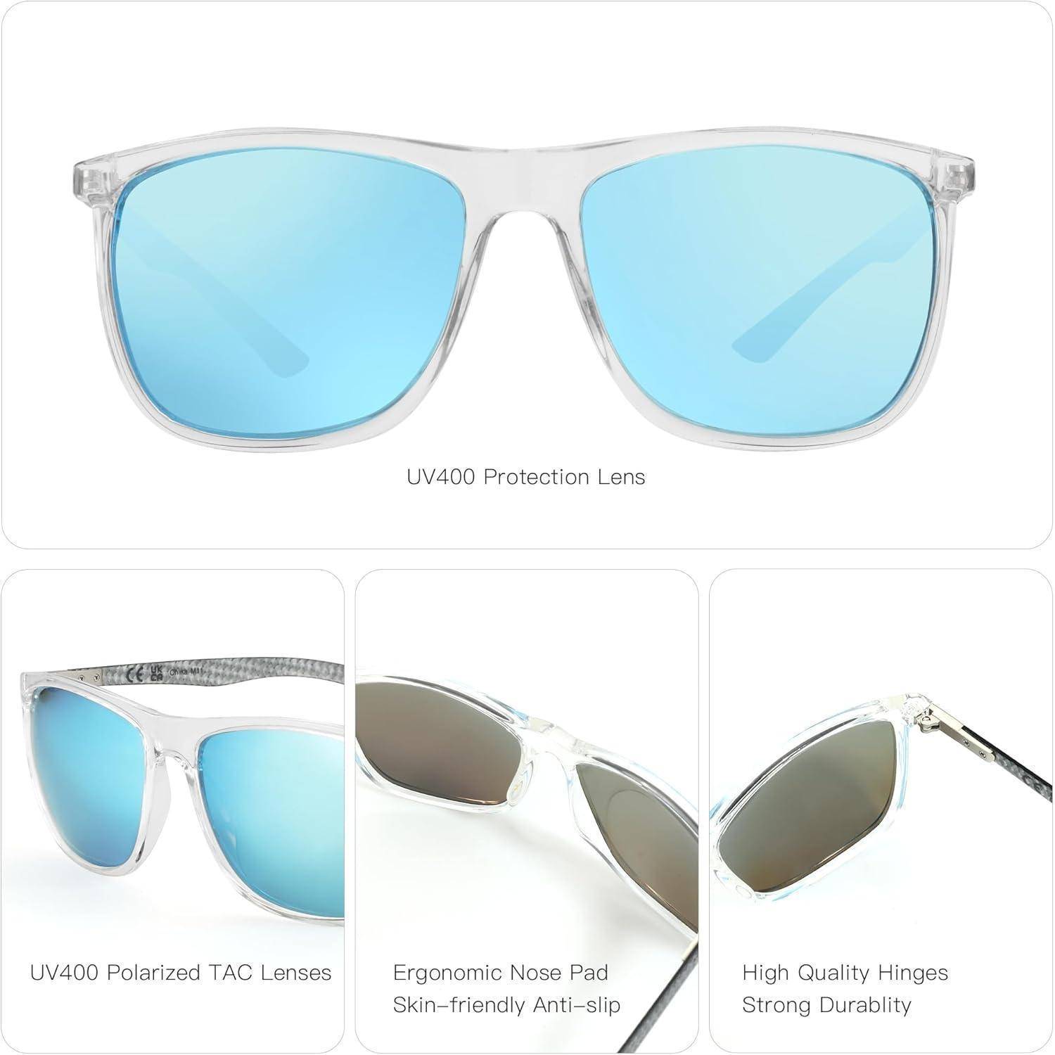 Sonnenbrille mit UV400 polarisierten Gläsern, ergonomischem Nasensteg und hochwertigen Scharnieren für hohe Strapazierfähigkeit, aus verschiedenen Perspektiven dargestellt.