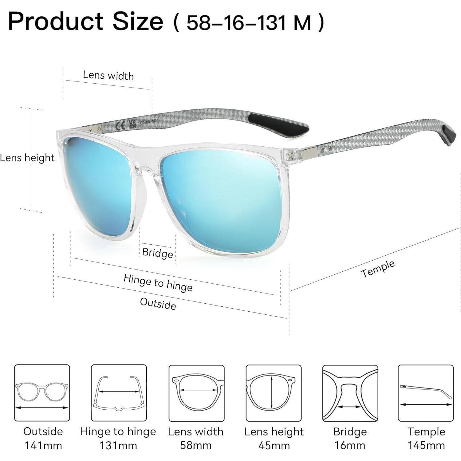 Sonnenbrille mit blauen Gläsern. Abmessungen: Glasbreite 58mm, Glashöhe 45mm, Steg 16mm, Bügel zu Bügel 131mm, Bügellänge 145mm.