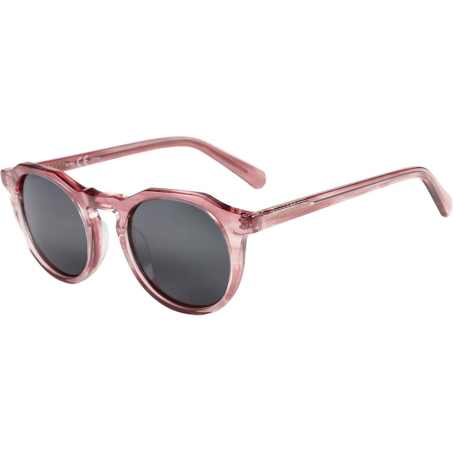 Rosa runde Sonnenbrille mit dunklen Gläsern.