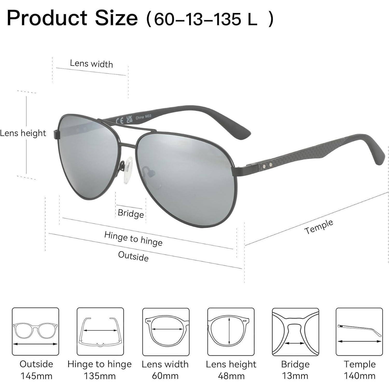 Sonnenbrille Größentabelle mit Dimensionen: Außenbreite 145 mm, Bügel zu Bügel 135 mm, Linsenbereite 60 mm, Linsenhöhe 48 mm, Steg 13 mm, Bügellänge 140 mm.