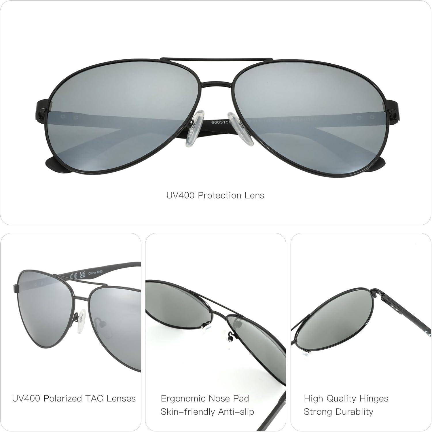 Pilotensonnenbrille mit UV400-Schutzlinse, ergonomischem Nasenbügel, polarisierten TAC-Gläsern und hochwertigen Scharnieren für hohe Strapazierfähigkeit.