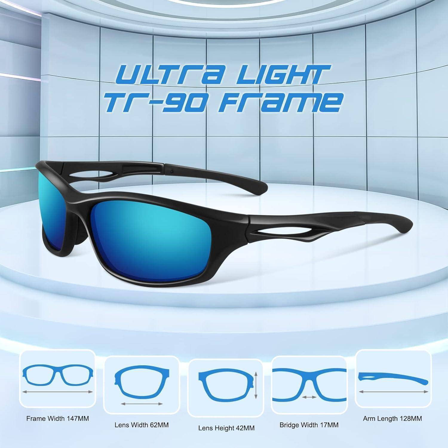 Sonnenbrille mit blauem Glas und schwarzem Gestell wird präsentiert. Text lautet: 