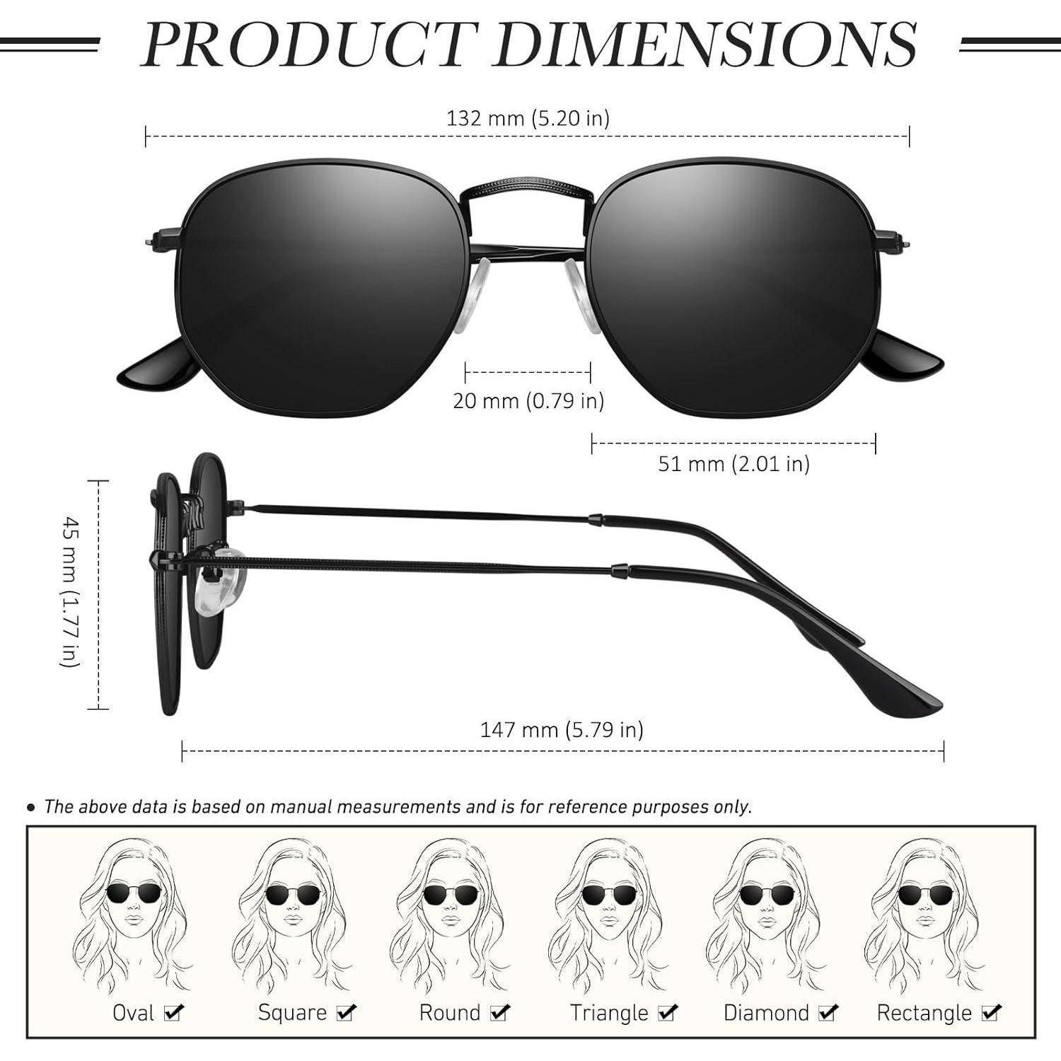 Produktabmessungen der Sonnenbrille: Frontbreite 132 mm, Linsenhöhe 45 mm, Bügellänge 147 mm. Geeignet für ovale, eckige, runde, dreieckige und rauten-förmige Gesichtsformen.