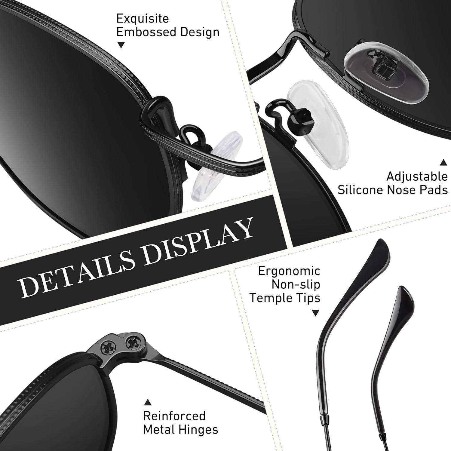 Sonnenbrillen-Merkmale umfassen ein exquisites geprägtes Design, verstellbare Silikonnasenpolster, ergonomische rutschfeste Bügel und verstärkte Metallscharniere.