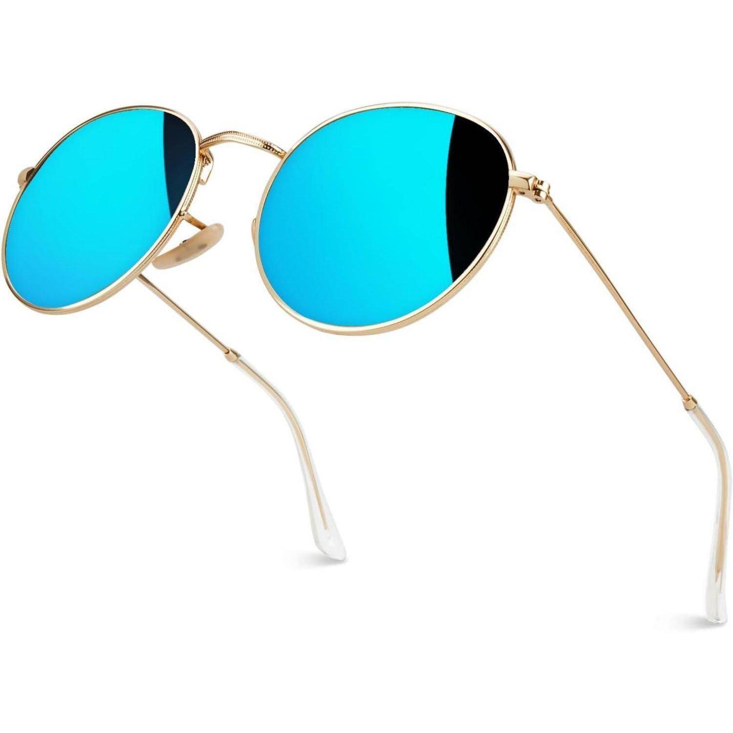 Runde Sonnenbrille mit dünnem goldenem Rahmen und reflektierenden blauen Gläsern, Einzelansicht in schräger Perspektive.