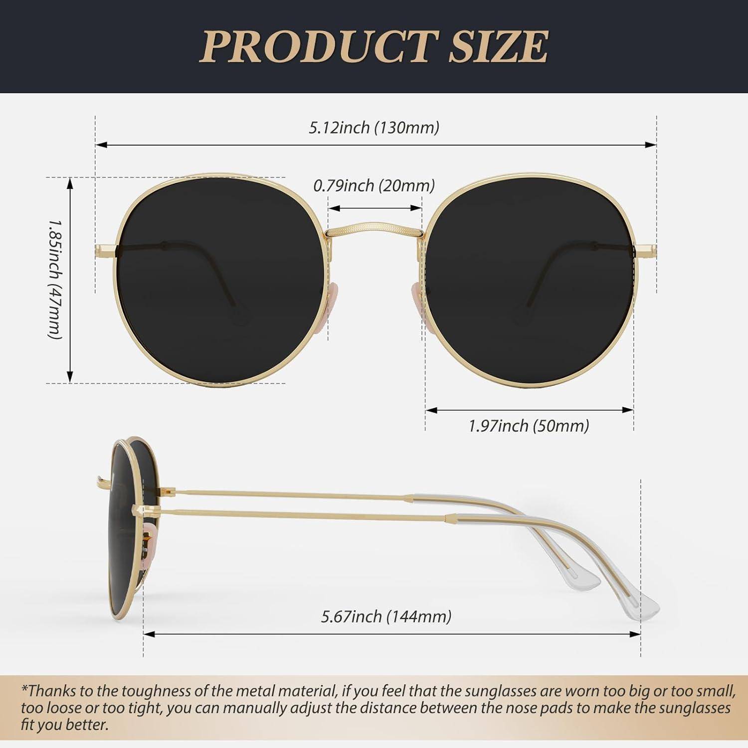Produktgröße': Sonnenbrillendimensionen im Detail; Breite 5,12 Zoll (130 mm), Linsendurchmesser 1,97 Zoll (50 mm), Bügellänge 5,67 Zoll (144 mm). Anpassen für optimalen Tragekomfort.
