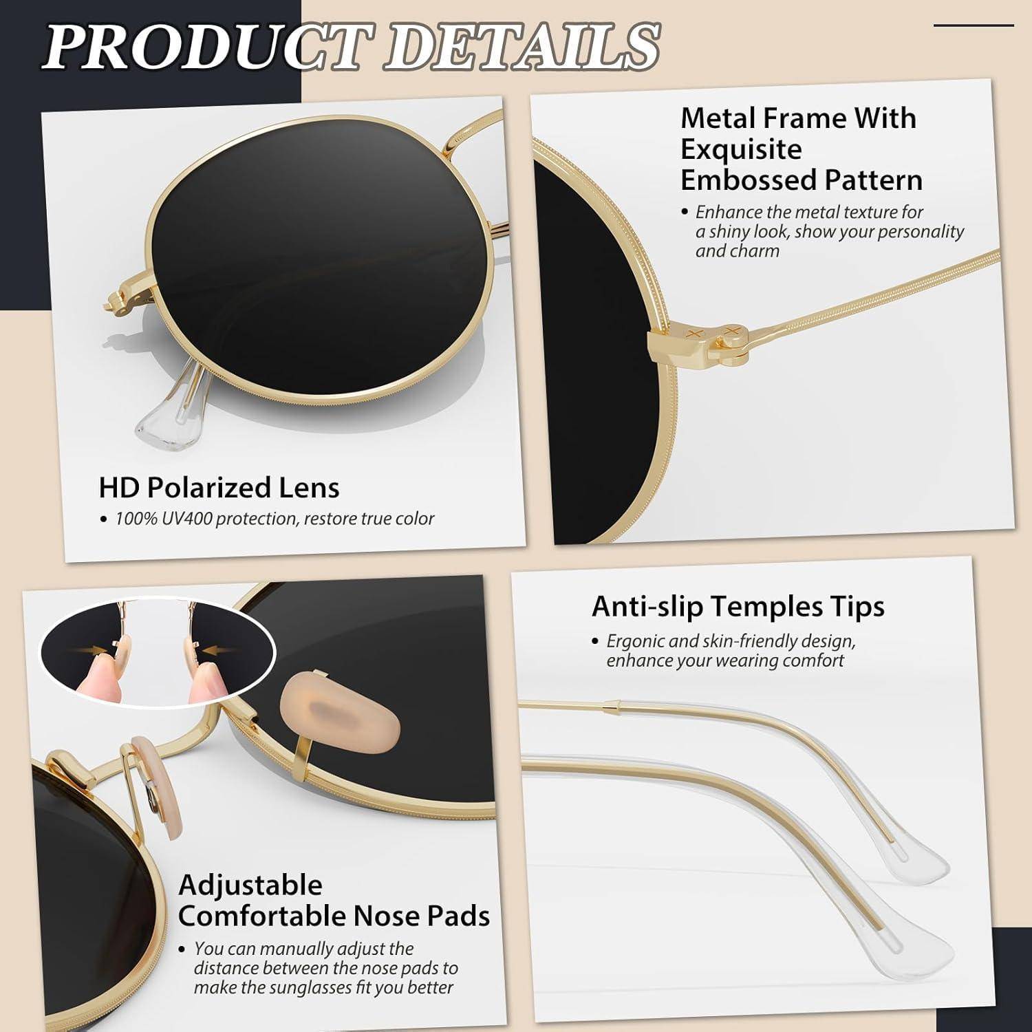 Sonnenbrille Produktdetails: HD polarisierte Linse, Metallrahmen mit geprägtem Muster, rutschfeste Bügel, verstellbare Nasenstege für Komfort.