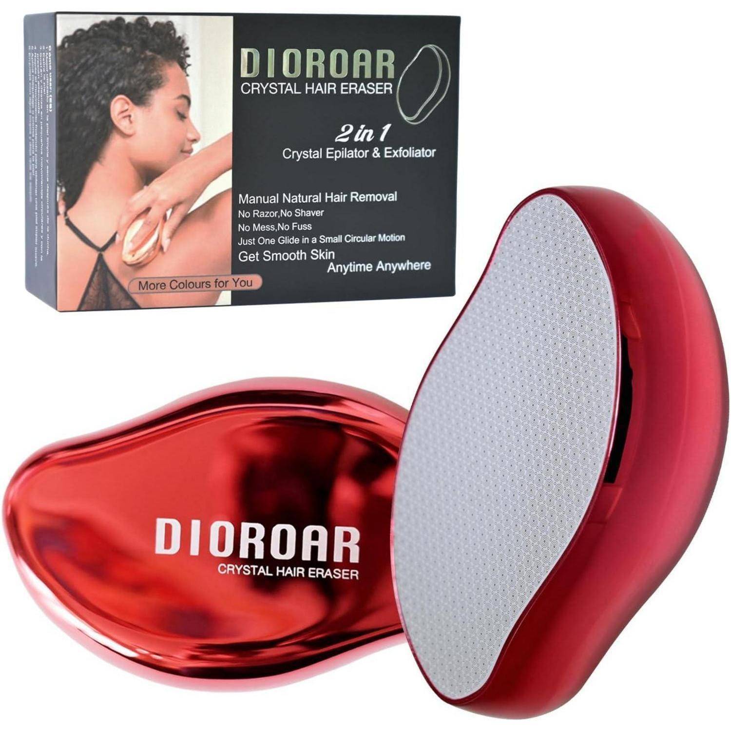 DIOROAR Crystal Hair Eraser', ein rotes, handgehaltenes Gerät zur manuellen Haarentfernung und Exfoliation, mit beigefügter Box, die eine Verwendungsabbildung zeigt.
