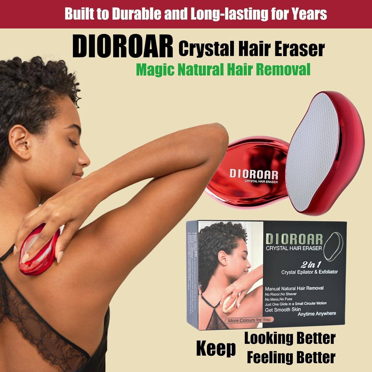 Eine Frau benutzt einen roten Dioroar Crystal Hair Eraser an ihrem Arm. Die Produktverpackung wird in der Nähe gezeigt mit dem Text ‚Keep Looking Better Feeling Better.