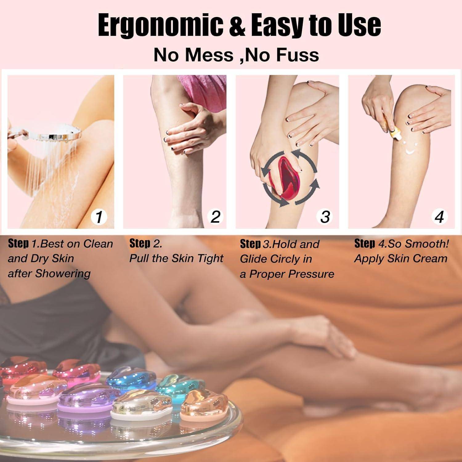 Ergonomisch & einfach zu bedienen: Eine Vier-Schritt-Anleitung zur Verwendung eines Hautmassagers, einschließlich Dusche, Hautstraffung, Massagergriff und Cremeanwendung.