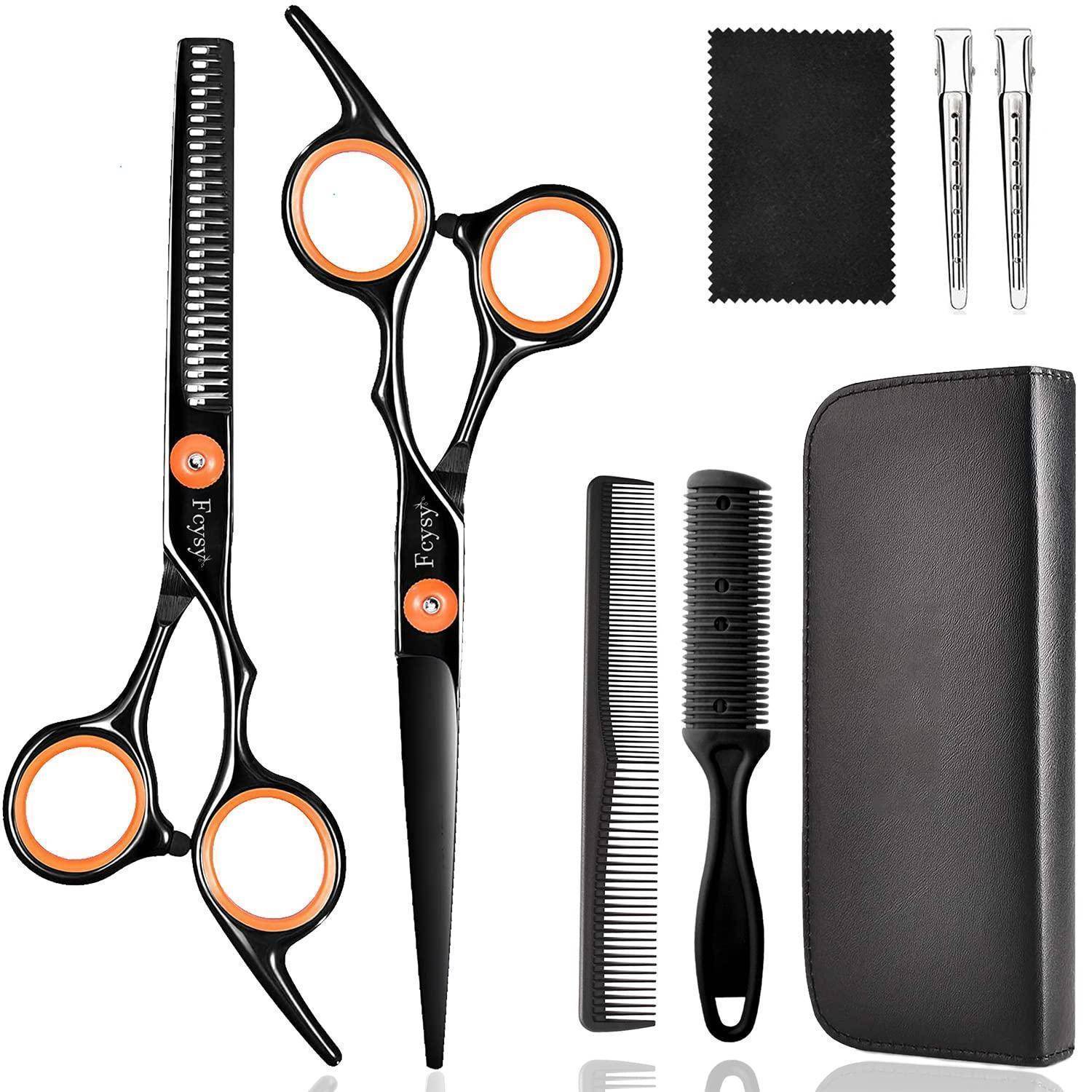Professionelles Haarschneideset mit Schere, Effilierschere, zwei Kämmen, Reinigungstuch und Aufbewahrungsbeutel mit Verschlüssen.