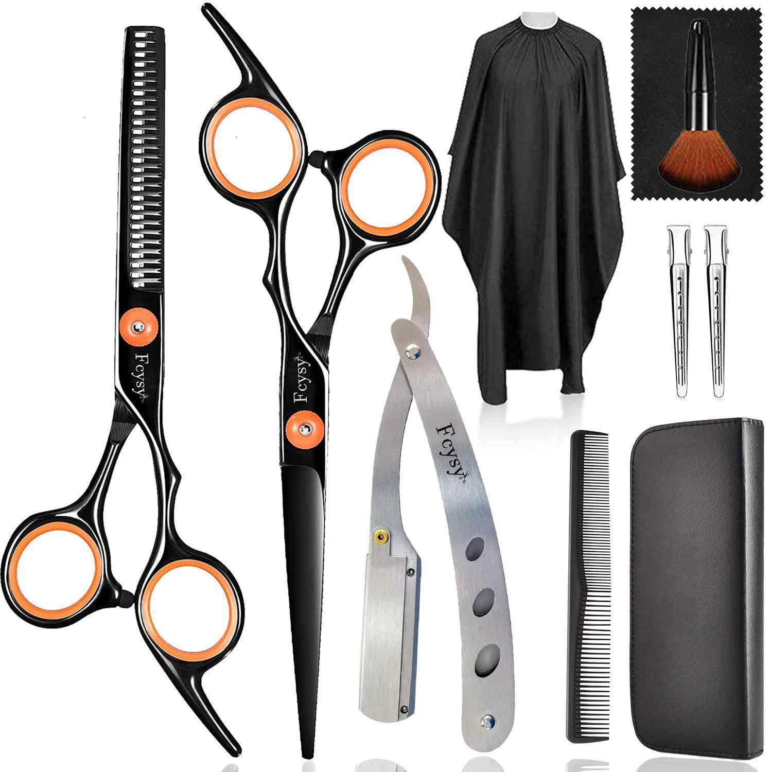 Friseur-Set mit Schere, Ausdünnschere, Rasiermesser, Umhang, Kamm, Reinigungstuch, Haarklammern und Aufbewahrungskoffer. Werkzeuge für Haargestaltung.