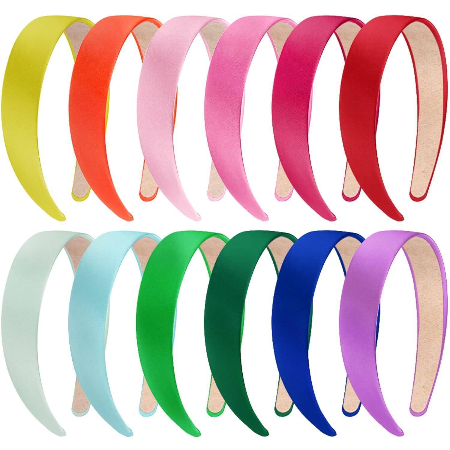 Ein Set aus zwölf bunten Stirnbändern, angeordnet in zwei Reihen, jedes in einer anderen leuchtenden Farbe, darunter Gelb, Orange, Rot und Lila.