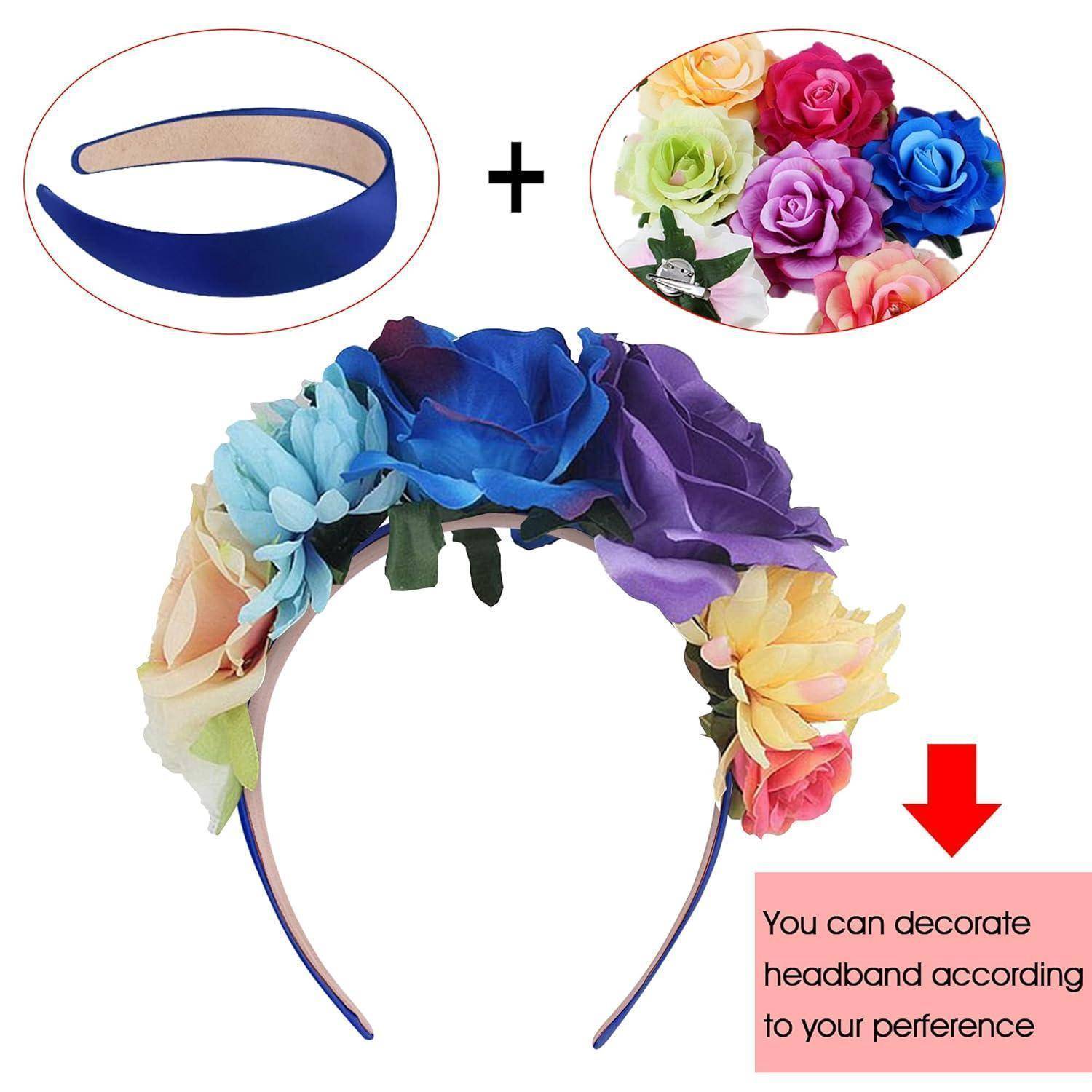 Ein blaues Haarband, verziert mit verschiedenen bunten Blumen. Der Text darunter besagt: 