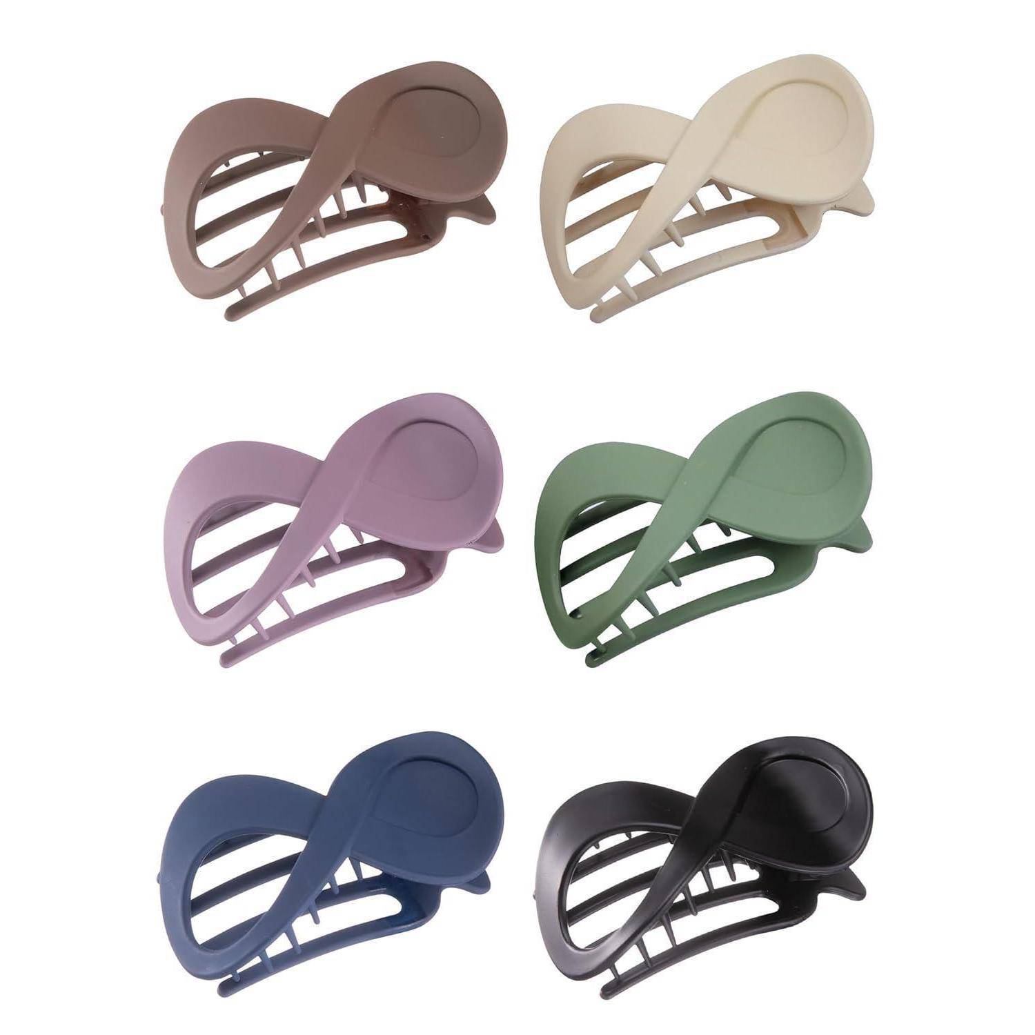 Sechs bunte Haarspangen sind in zwei Reihen angeordnet und umfassen Nuancen von Braun, Beige, Lila, Grün, Blau und Schwarz.