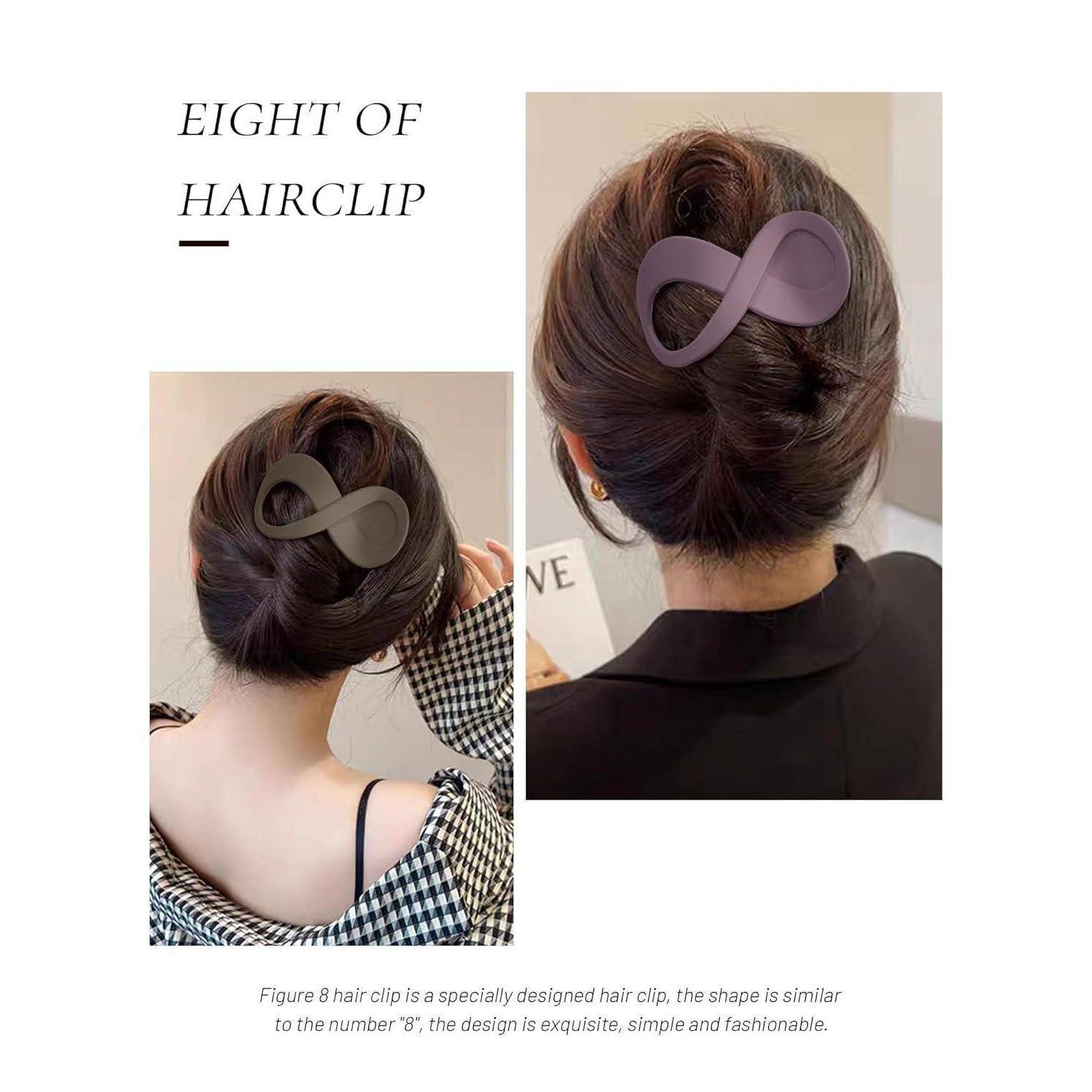 Das Bild zeigt zwei Ansichten einer Hochsteckfrisur mit einer unendlichkeitsförmigen Haarspange. Der Text lautet „ACHT DES HAARCLIPS