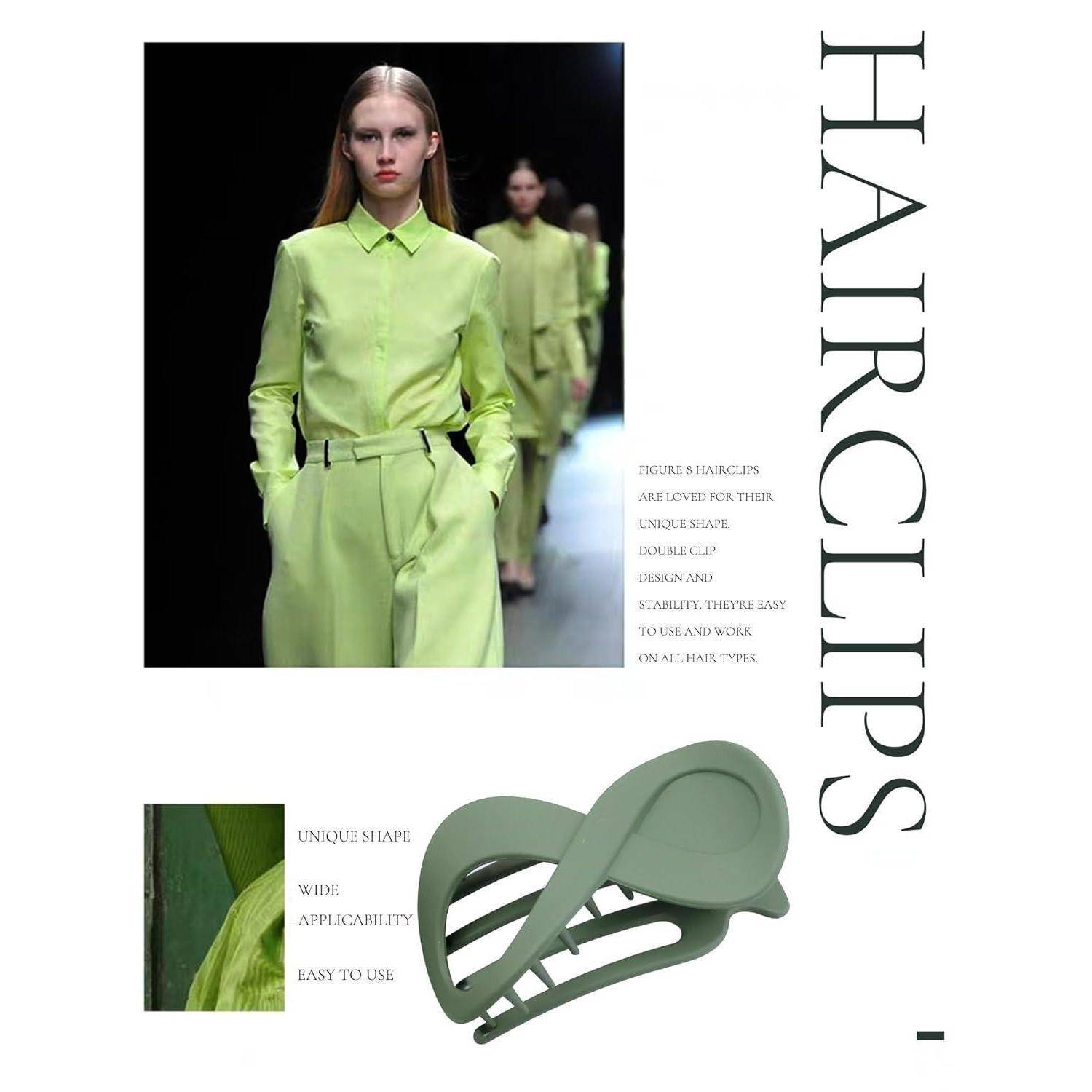 Ein Modemodel läuft den Laufsteg entlang und trägt einen hellgrünen Outfit. Neben ihr wird eine große grüne Haarspange präsentiert, deren Beschriftung ihre einzigartige Form, vielseitige Anwendbarkeit und einfache Handhabung hervorhebt.