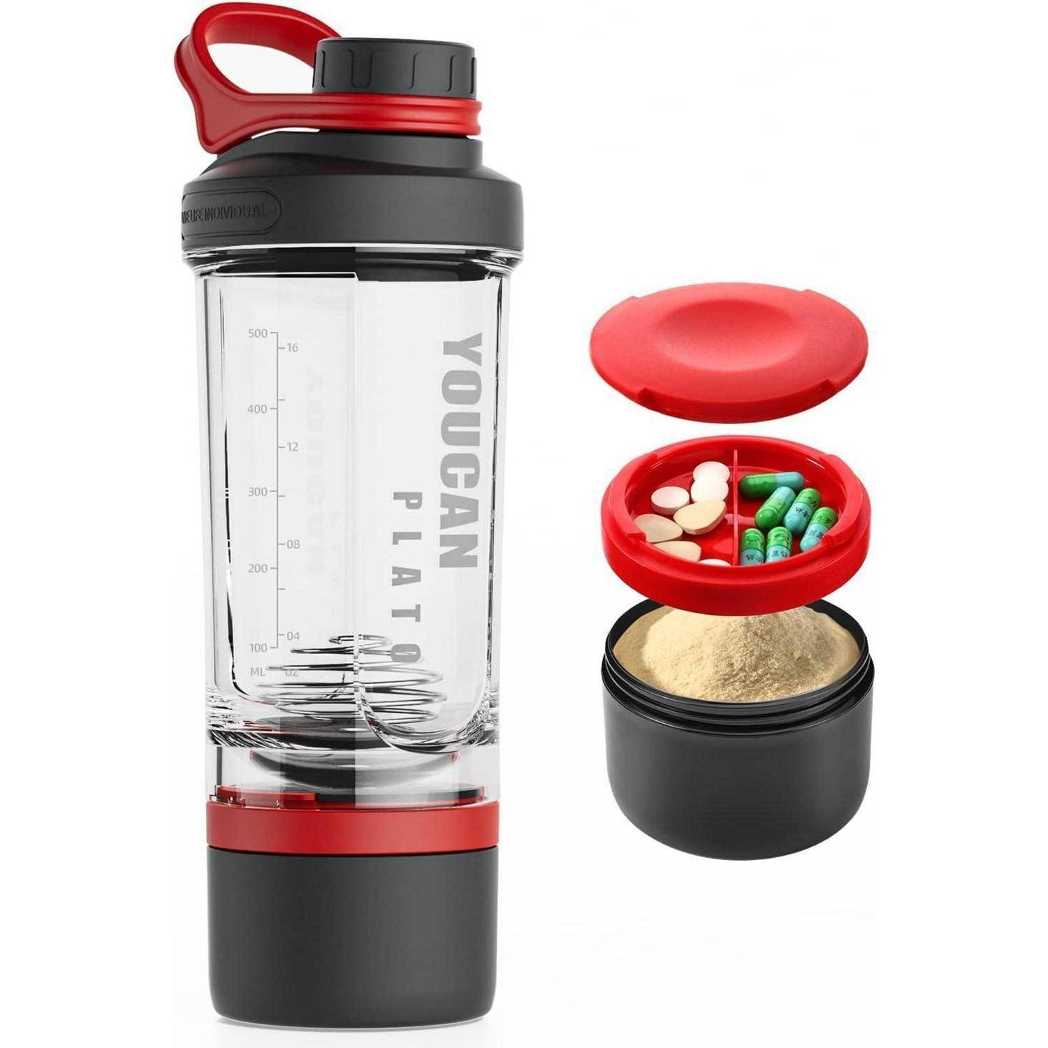 Plato Protein Shaker mit Pulverfach und Kugel 620ML Rot