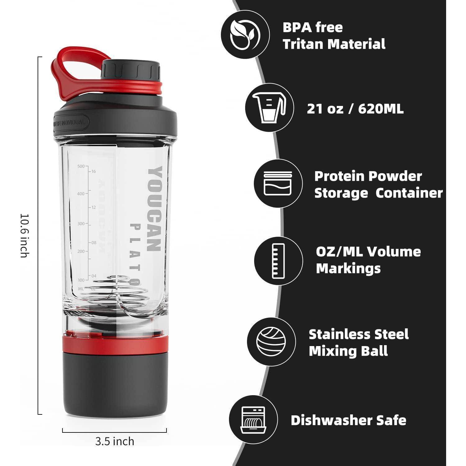 Plato Protein Shaker mit Pulverfach und Kugel 620ML Rot