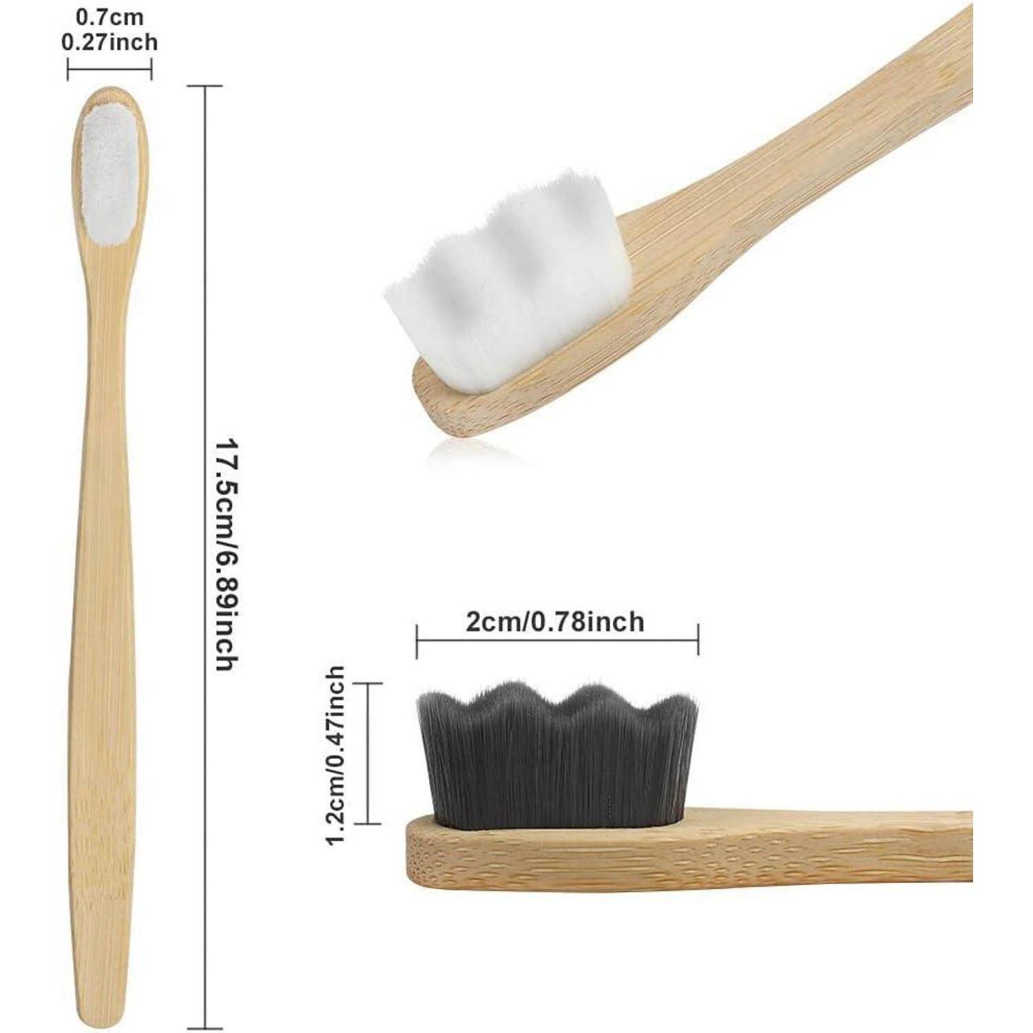 Bambus-Zahnbürste mit weißem Borstenkopf, 17,5 cm lang und 0,7 cm breit. Nahaufnahme zeigt schwarze Borstenvariante.