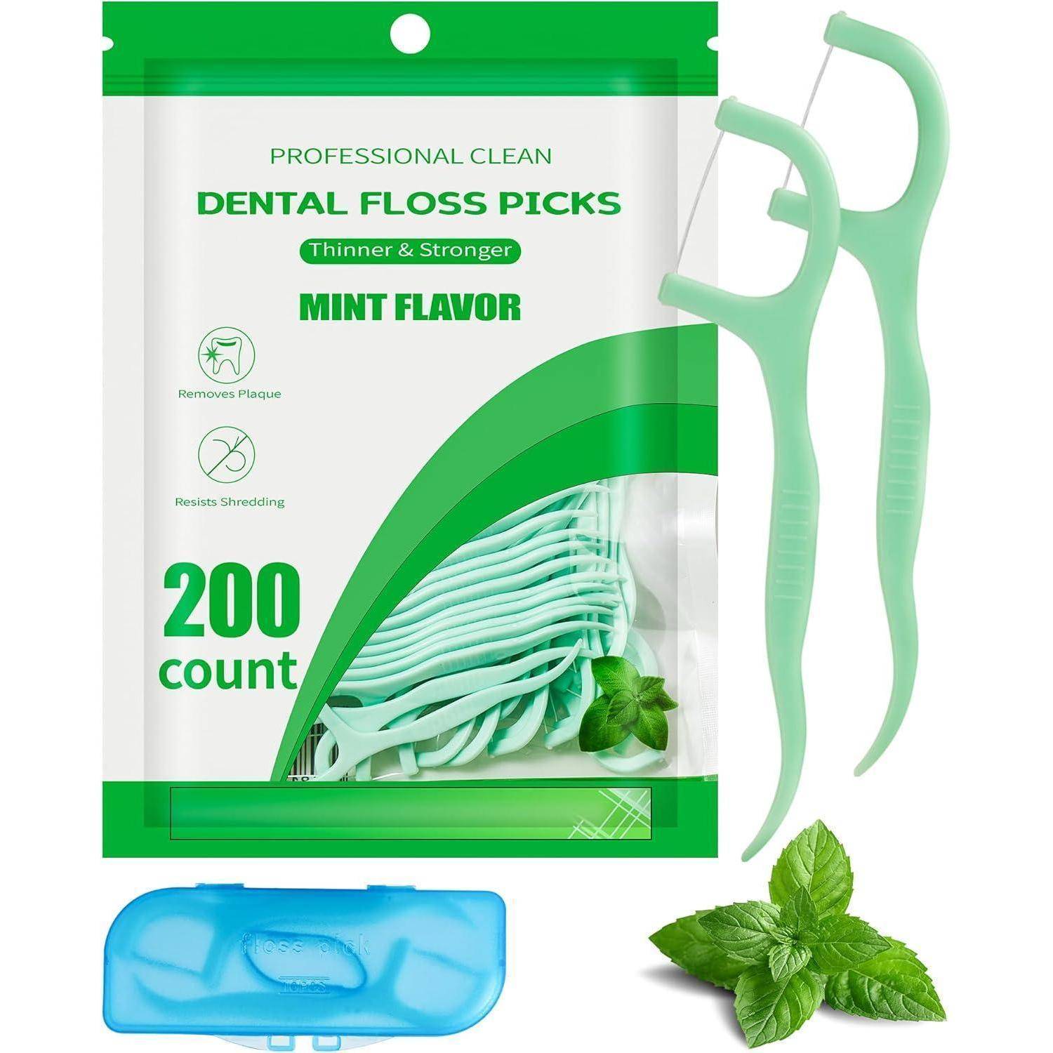 Eine Packung mit 200 minzaromatisierten Zahnseide-Picks, beschriftet mit 'Professional Clean', mit einem Bild der Picks und Minzblättern.