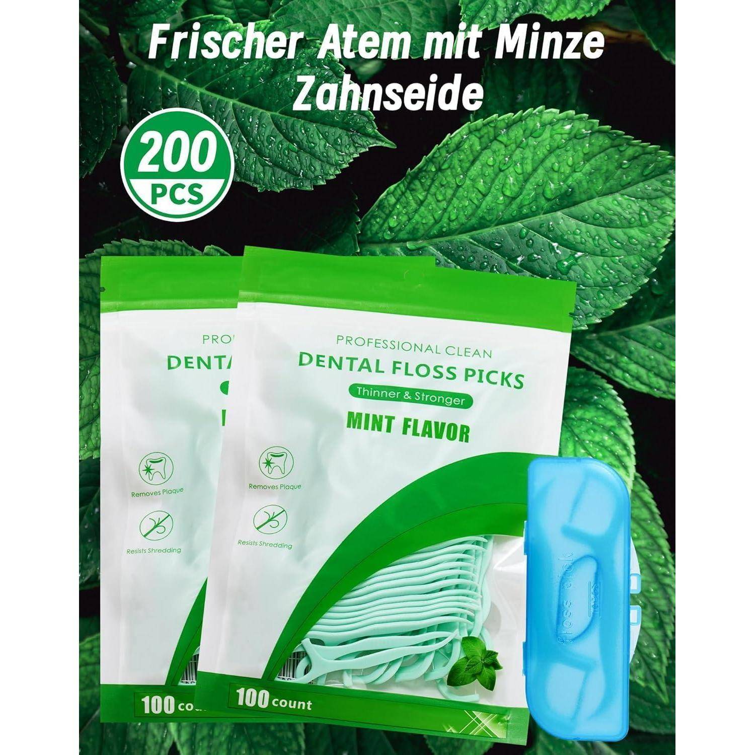 Zahnseide-Sticks, Minzgeschmack, 200 Stück. Verpackung zeigt Sticks und einen grünen Blätterhintergrund, der Frische signalisiert.