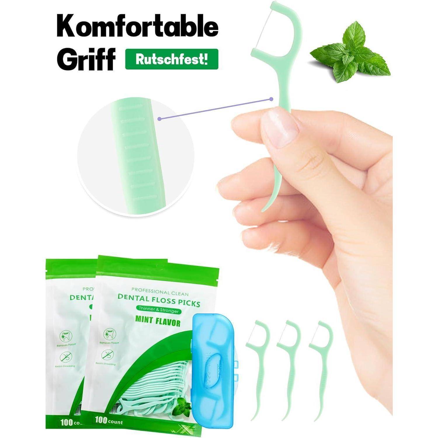 Eine Hand hält einen grünen Zahnseide-Pick mit der Beschriftung 