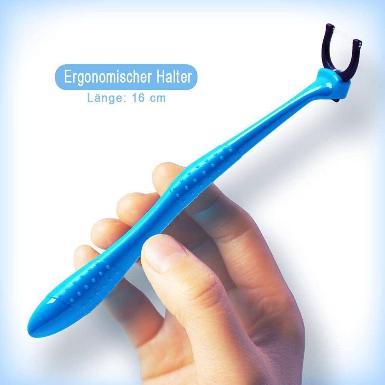 Eine Hand, die einen blauen ergonomischen Zahnseidehalter hält, mit einem Textfeld oben, auf dem steht 