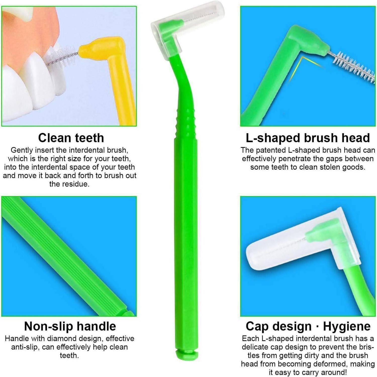 Eigenschaften der Interdentalbürste: L-förmiger Bürstenkopf reinigt zwischen den Zähnen, rutschfester Griff erleichtert die Handhabung und eine Kappe schützt die Borsten für maximale Hygiene.