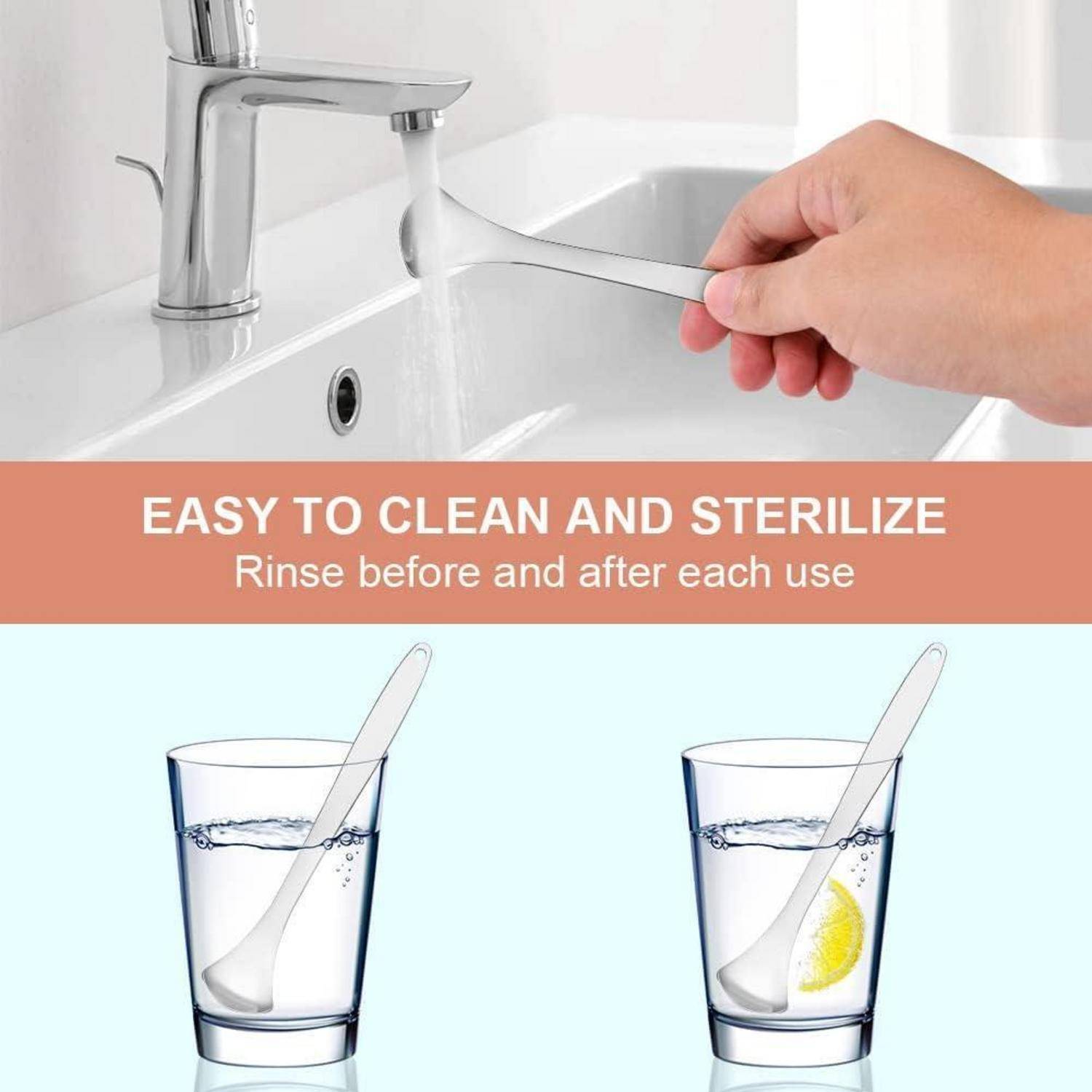 Eine Hand spült ein weißes Objekt unter einem Wasserhahn ab. Darunter steht der Text: „Leicht zu reinigen und zu sterilisieren. Vor und nach jeder Verwendung abspülen.