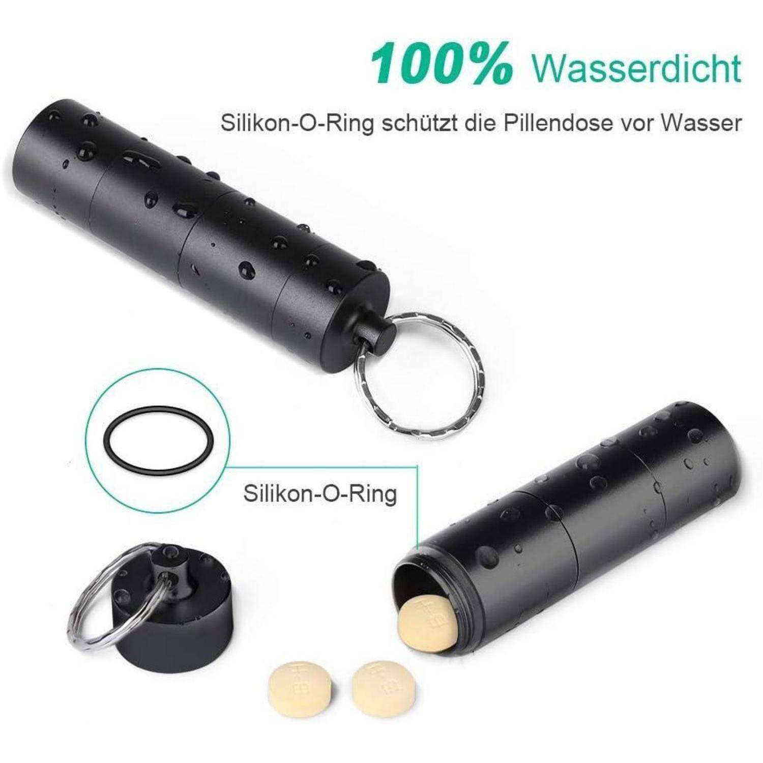 Schwarze wasserdichte Pillendose mit Schlüsselring und Silikon-O-Ring; mit der Aufschrift '100% wasserdicht'. Geöffnete Dose zeigt Pillen im Inneren und unterstreicht den Wasserschutz.