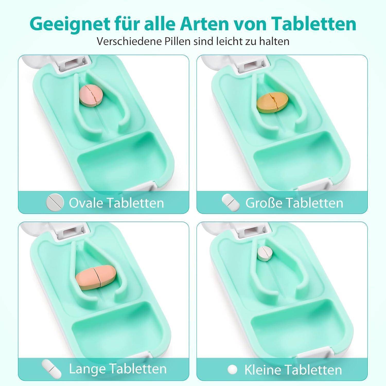 Tablettenteiler geeignet für alle Typen: Oval, Groß, Lang, Klein. Abbildung zeigt Fächer für verschiedene Tablettenformen und -größen.