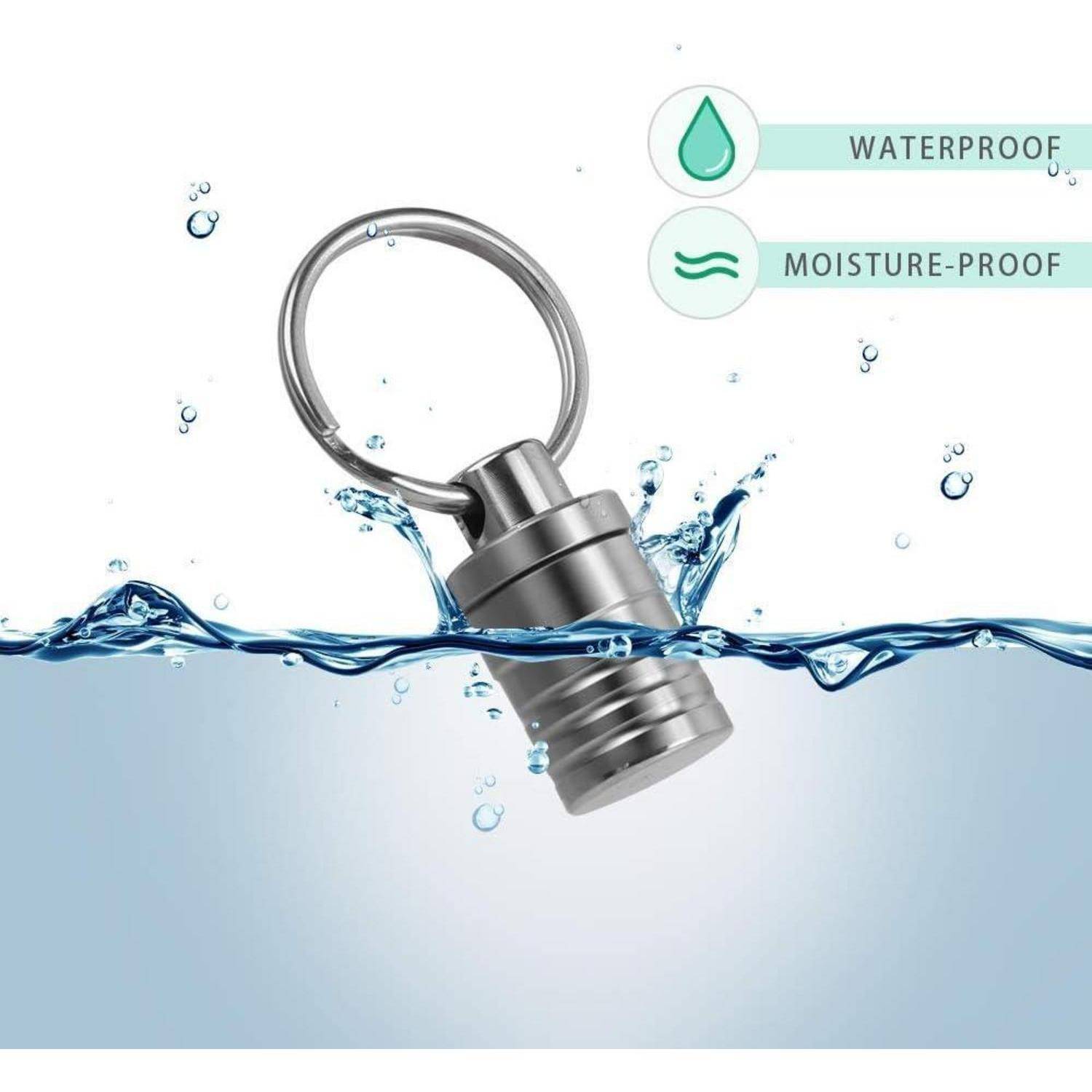 Metallring-Halter, der in Wasser eingetaucht ist und die Eigenschaften 'Wasserdicht' und 'Feuchtigkeitsgeschützt' mit Icons veranschaulicht, wobei die Haltbarkeit demonstriert wird.