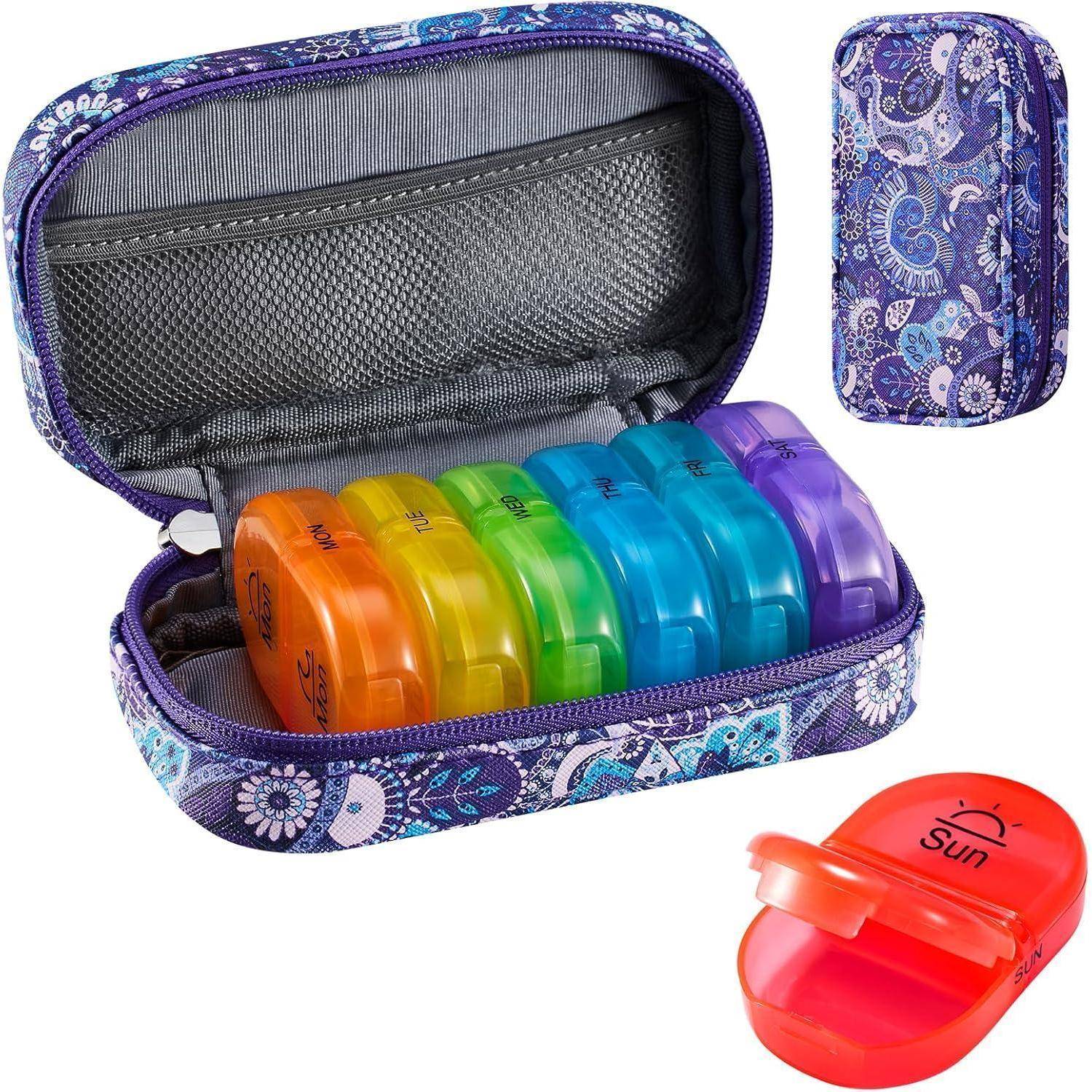 Tablettenbox 7 Tage PU Leder Regenbogen Fächer Organizer Lila
