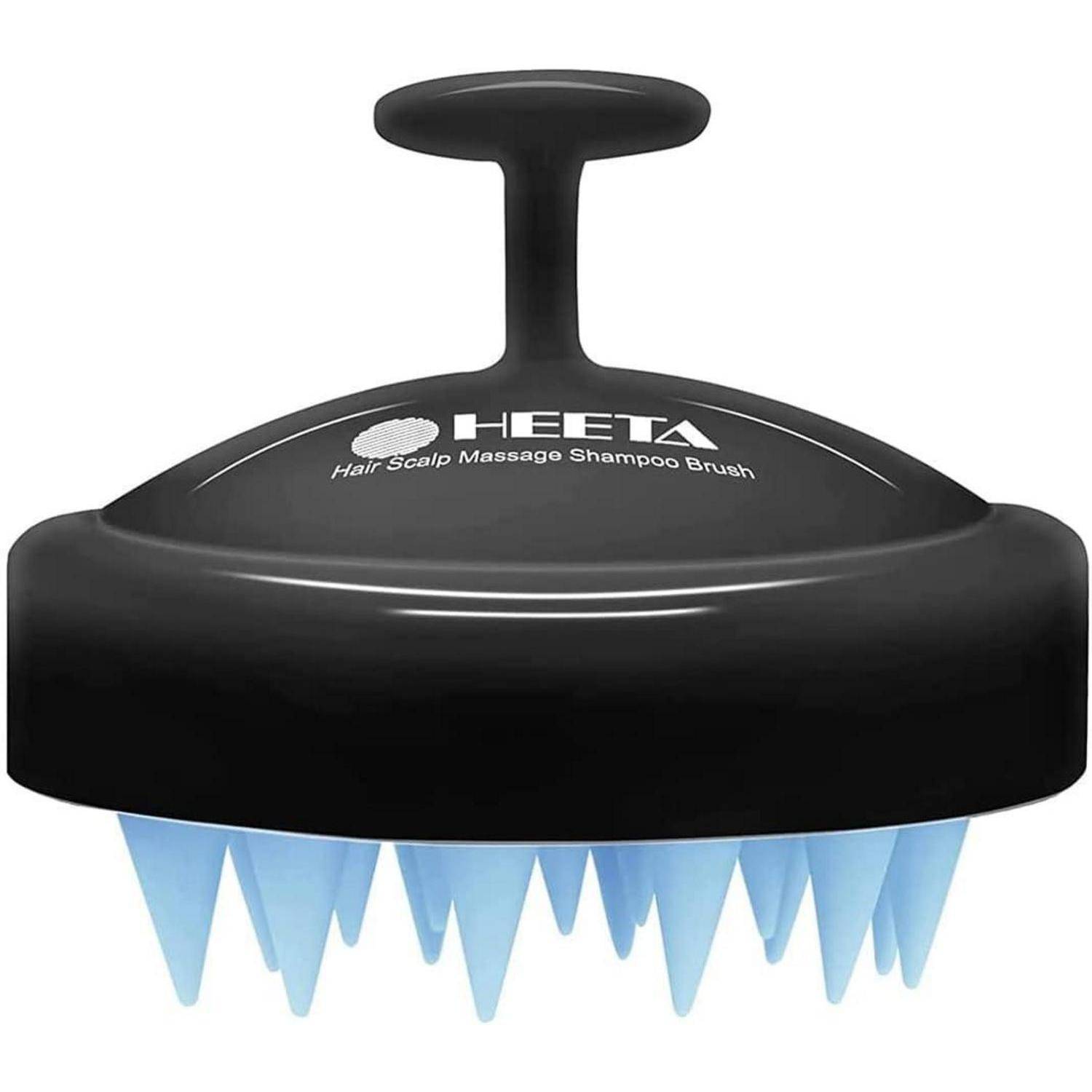 Schwarze Kopfhautmassagebürste mit blauen Silikonborsten und einem Griff, beschriftet mit 'Haarkopfhaut-Massagebürste zum Shamponieren'.