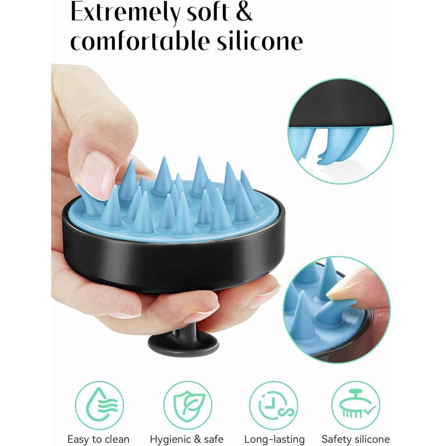 Eine Hand hält einen blauen Silikon-Kopfmassager mit weichen, spitzen Borsten. Text lautet: 