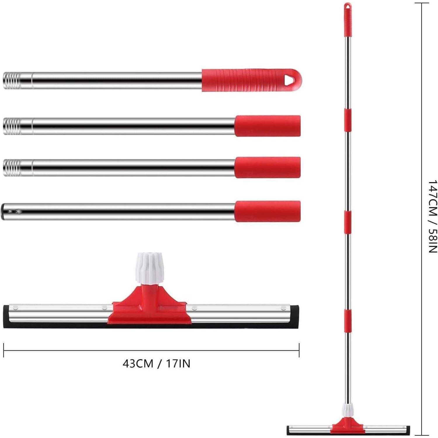 Bild zeigt einen roten und silbernen Abzieher mit abnehmbarem Griff. Griff in vier Abschnitten; Abzieherklinge ist 43 cm lang. Gesamthöhe 147 cm.