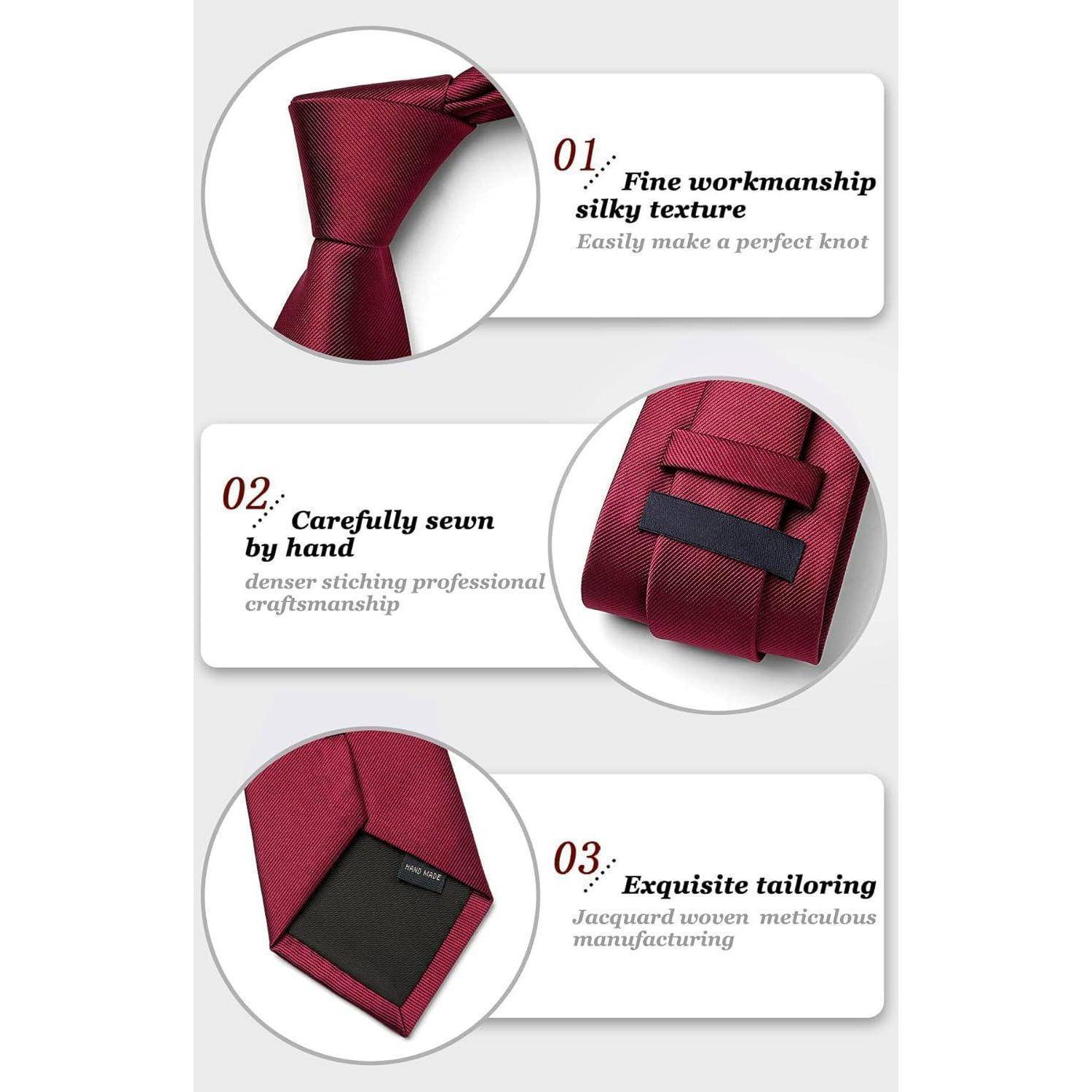 Rote Krawatte mit drei Detailaufnahmen: 1. Knoten - 'Feine Handwerkskunst, seidiger Stoff'; 2. Rückstich - 'Sorgfältig von Hand genäht'; 3. Schwanz - 'Exquisite Maßschneiderei'.