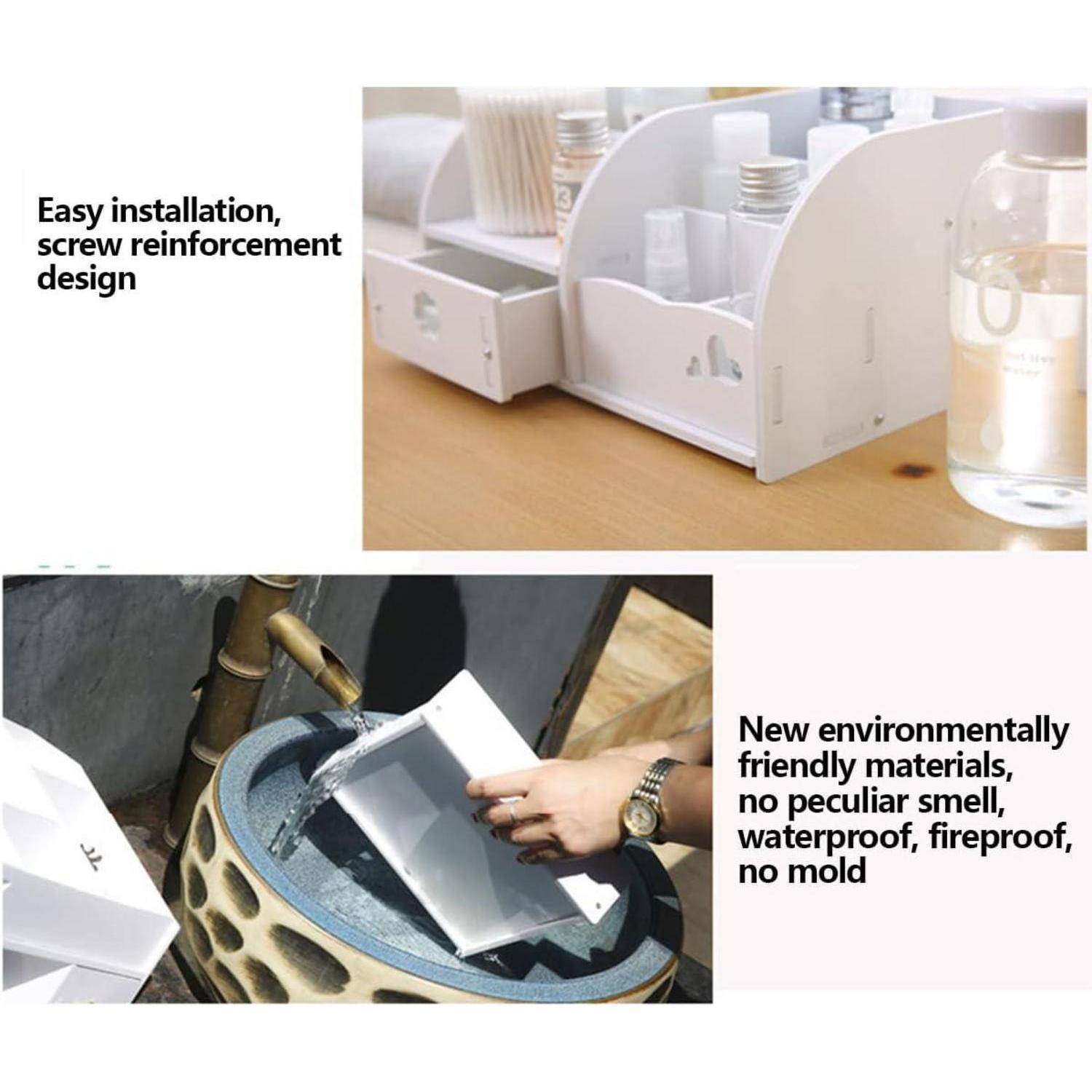 Zwei Bilder: eines mit einem Schreibtisch-Organizer mit einfacher Installation und Schraubenverstärkung; das zweite zeigt Widerstandsfähigkeit gegen Wasser und Schimmel.