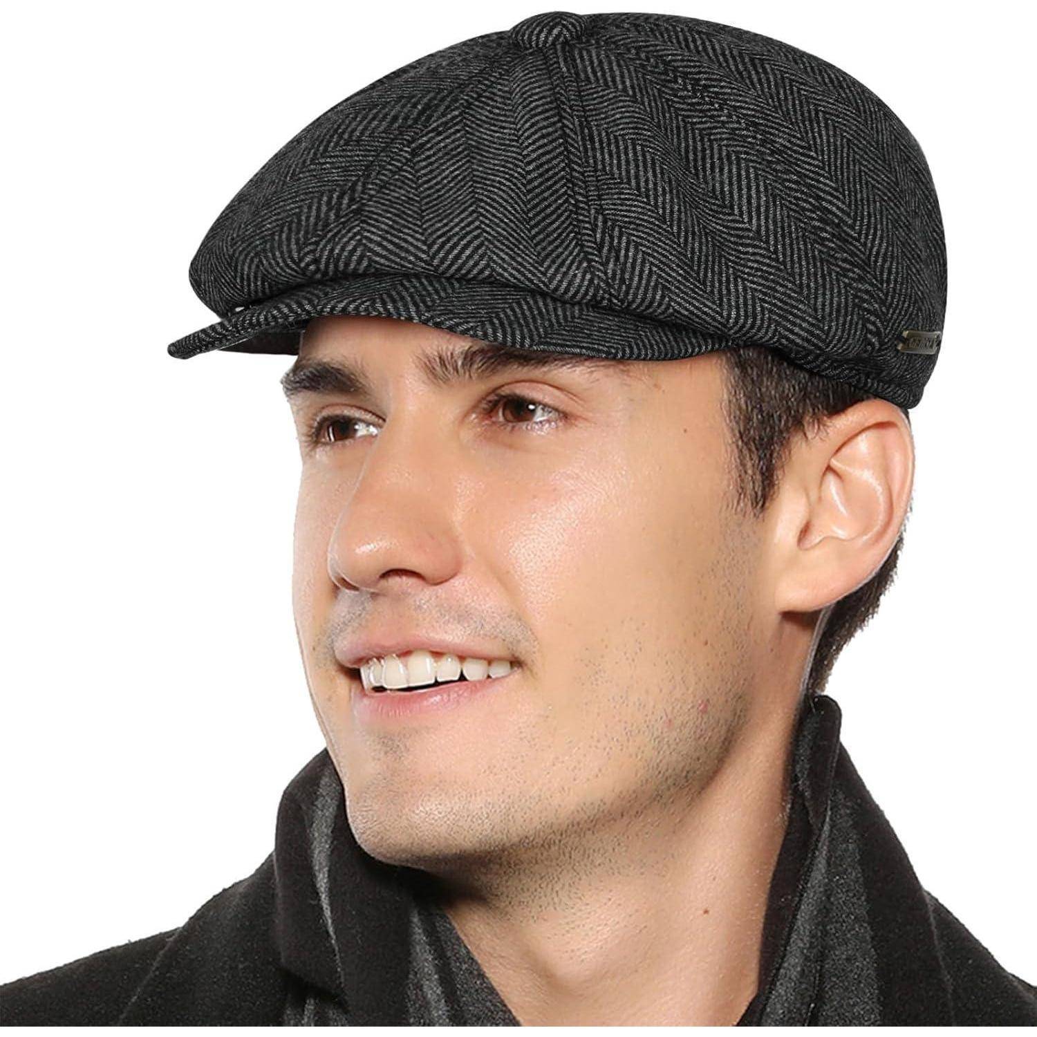 Schiebermütze Herren Flatcap Tweed Einheitsgröße Grau Fischgräten