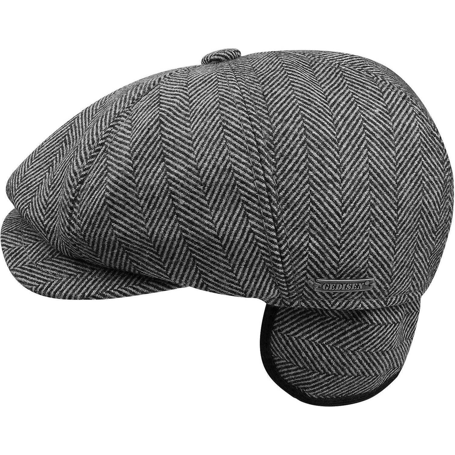 Schiebermütze Herren Flatcap Tweed Einheitsgröße Grau Fischgräten