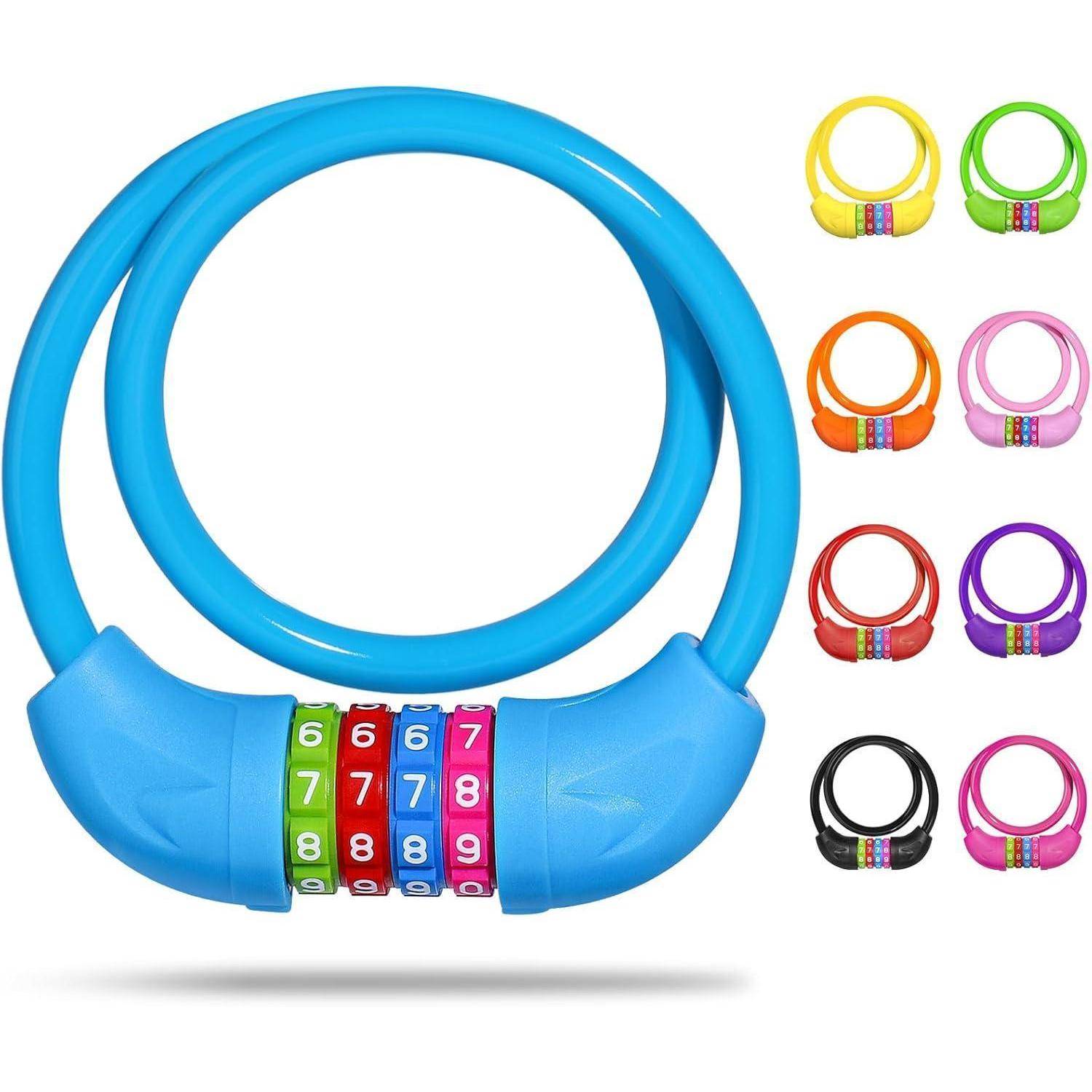 Ein blau-kombinierter Fahrradkabelschloss mit einer nummerierten Scheibe, erhältlich in verschiedenen Farben, einschließlich Gelb, Orange, Pink, Rot und Schwarz.