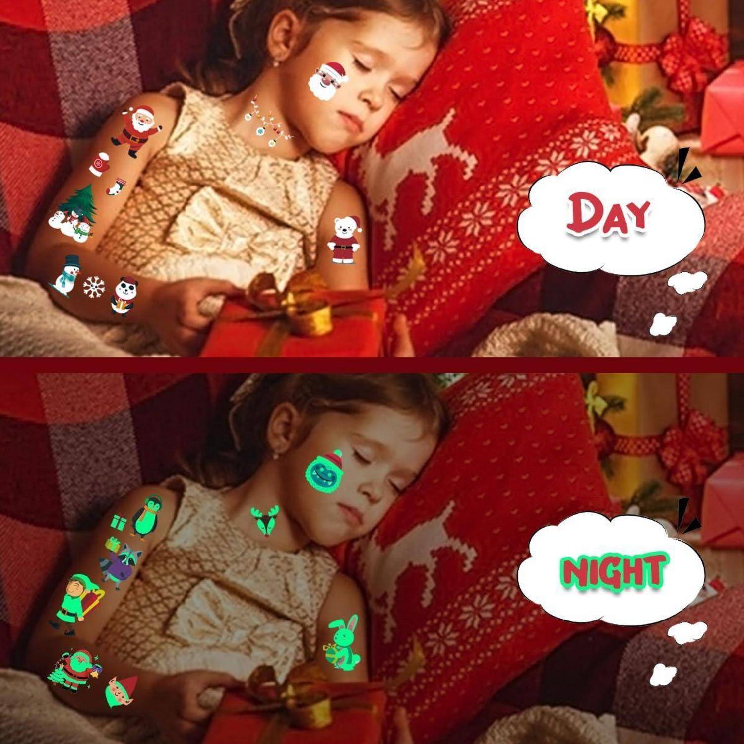 Ein junges Mädchen schläft und hält ein Geschenk. Das Bild vergleicht Tag und Nacht, mit verschiedenen weihnachtlichen Stickern, die darüber liegen.
