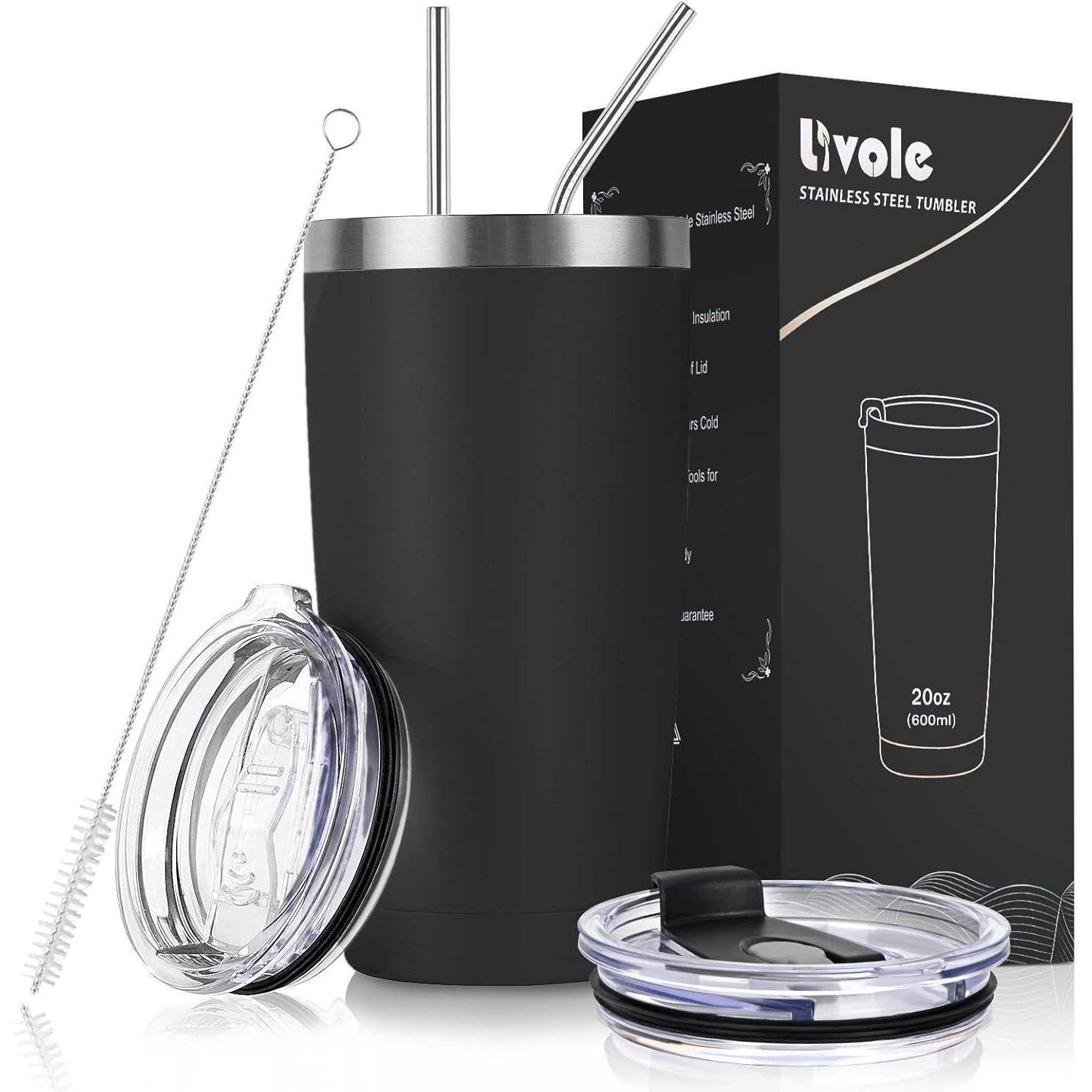 Schwarzer Edelstahl-Trinkbecher mit Deckel und Strohhalm neben seiner Verpackung, beschriftet mit 'Lyvole Edelstahl-Trinkbecher 20oz (600ml)'.