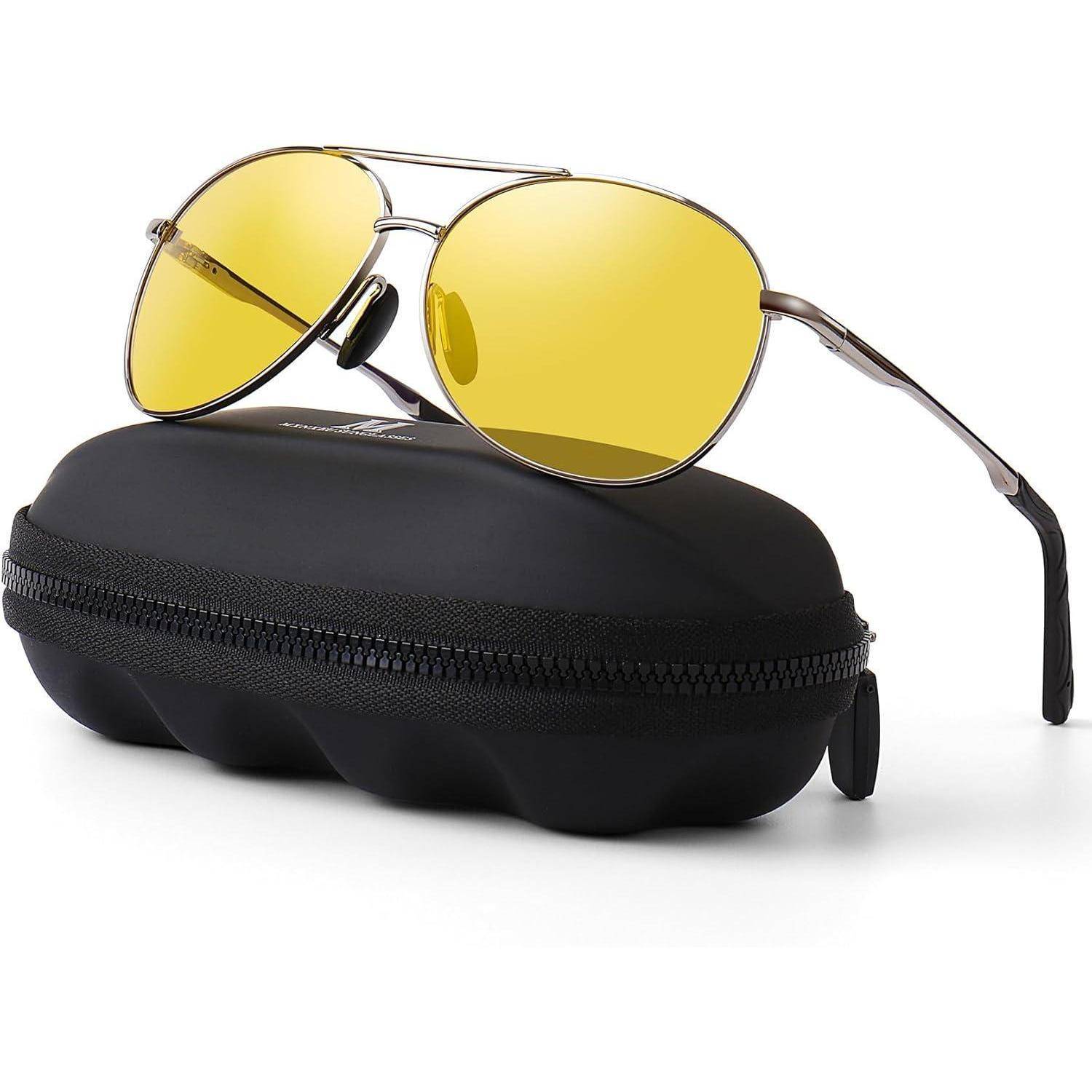 Eine gelb getönte Pilotensonnenbrille, die auf einem schwarzen Reißverschluss-Etui ruht.