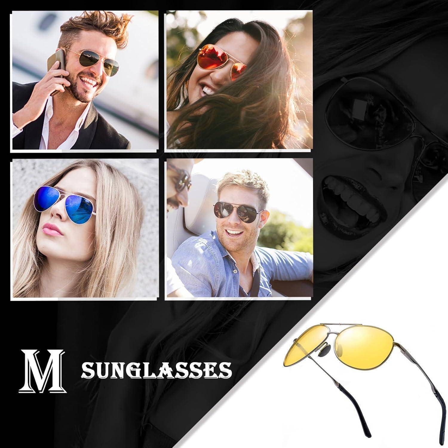 Collage von vier Personen, die Sonnenbrillen in verschiedenen Stilen tragen. Text unten lautet 
