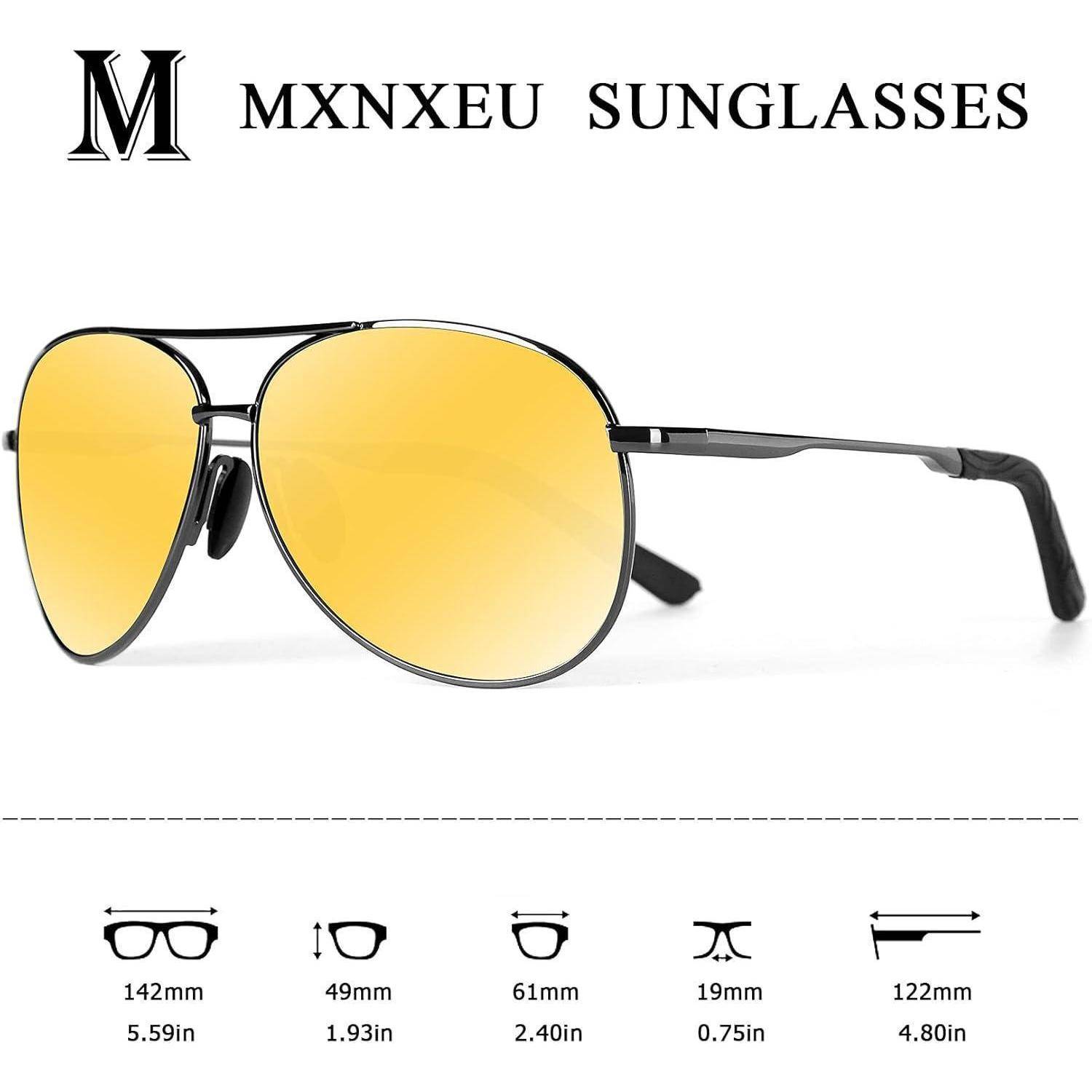 Pilotensonnenbrille mit gelben Gläsern. Merkmale Abmessungen: Glasbreite 61mm, Nasensteg 19mm, Bügellänge 122mm.