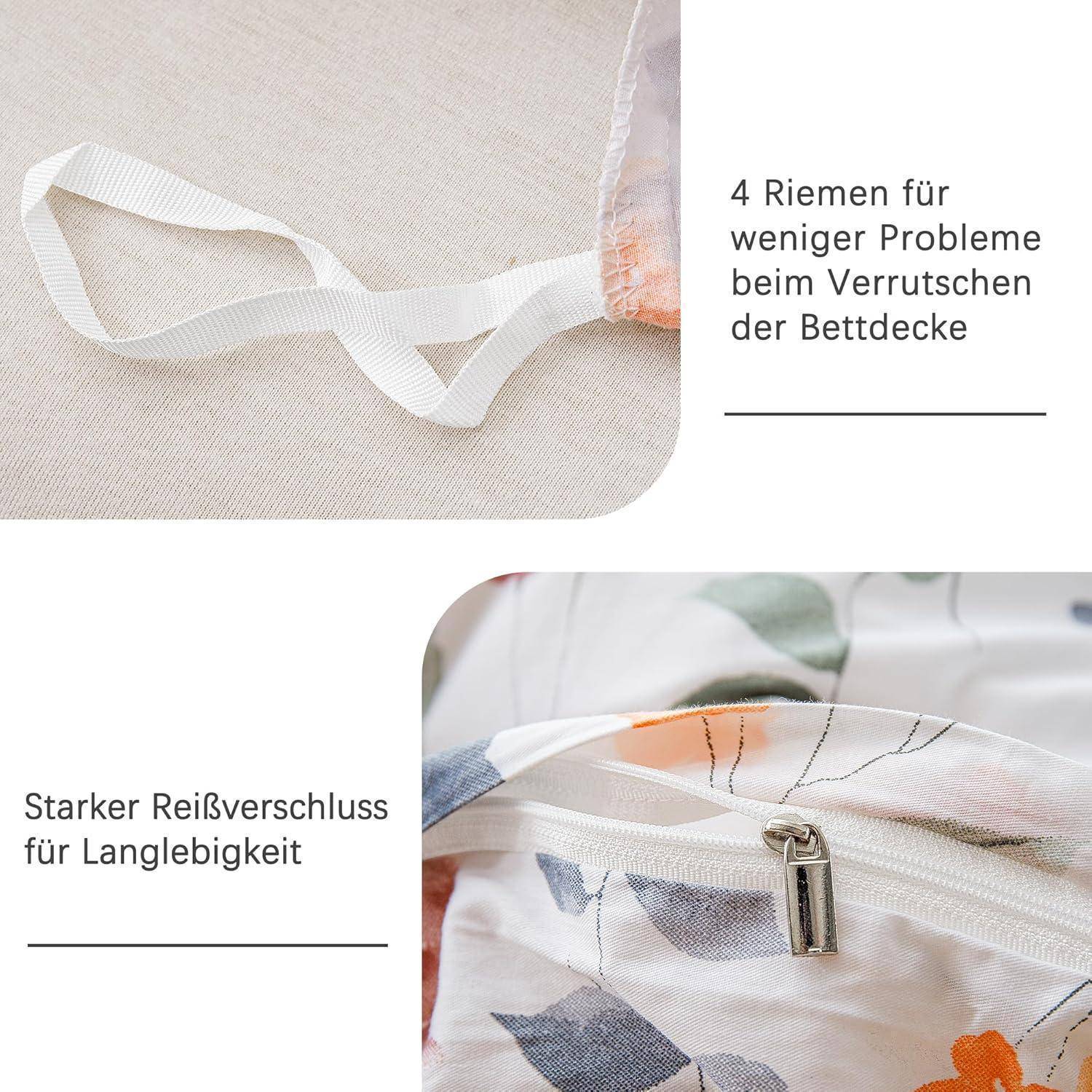 Eine Nahaufnahme von Bettwäsche, die einen Reißverschluss-Bezug und einen Riemen zeigt, mit Text, der den robusten Reißverschluss und das reduzierte Verrutschen durch vier Riemen hervorhebt.