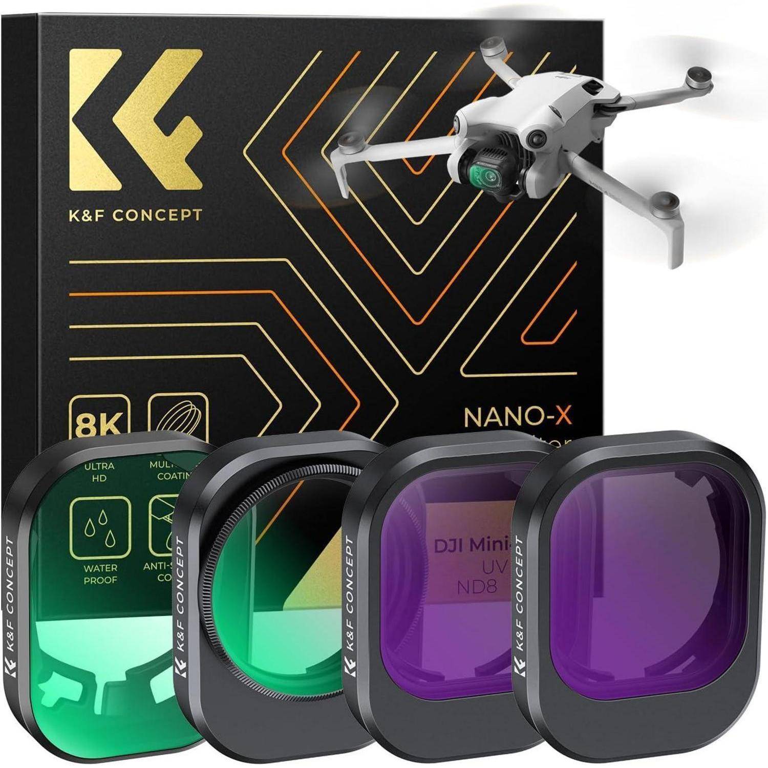Drohnen-Filterset für DJI Mini 3 Pro mit 8K-Fähigkeit, bestehend aus CPL-, ND8- und ND16-Filtern, feuchtigkeitsgeschütztem Etui und beschrifteter Schutzbox.